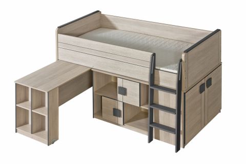 systematisch Megalopolis Junior Functioneel bed / kinderbed / hoogslaper - combinatie met open kast, kast  en bureau Elias 19, kleur: lichtbruin / grijs -