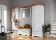 Entreehal complete set C Bresle, 4-delig, met commode, spiegel, garderobe, kast in wit / naturel, landhuisstijl, ronde houten handgrepen