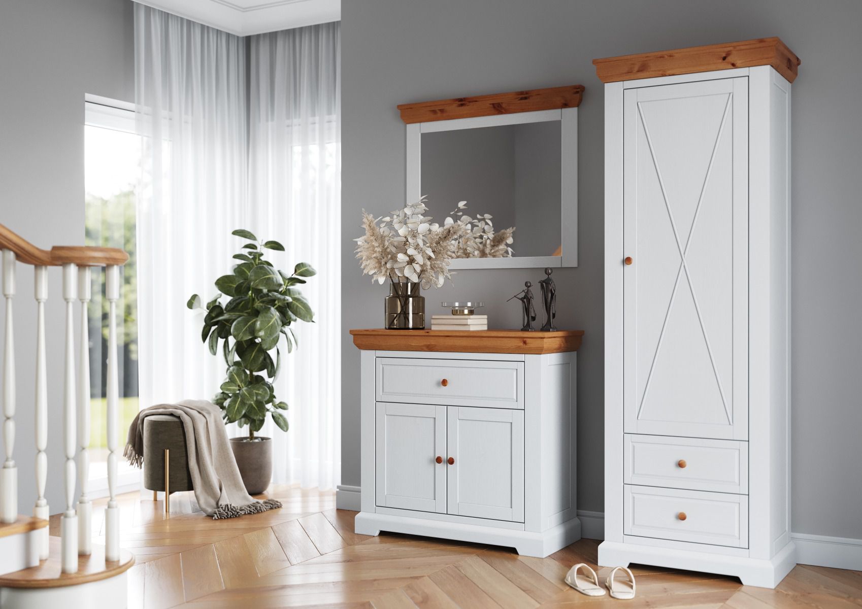 Entreehal compleet set D Bresle, 3-delig, in wit / naturel, massief grenen hout, met schoenenkast, spiegel, garderobe, ronde houten handgrepen, hoogwaardige afwerking