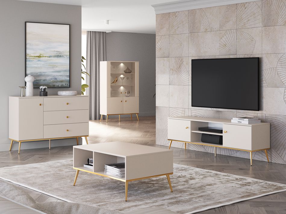 Elegante complete woonkamer set A Torpo, 4-delig, kleur: kasjmier, eenvoudig en modern ontwerp, handgrepen & poten: goud, ABS randbescherming