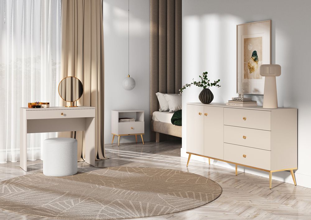 Slaapkamer - Set B Torpo, 3-delig, kleur: kasjmier, licht ontwerp, handgrepen & poten: goud, elegant en tijdloos, ABS randbescherming