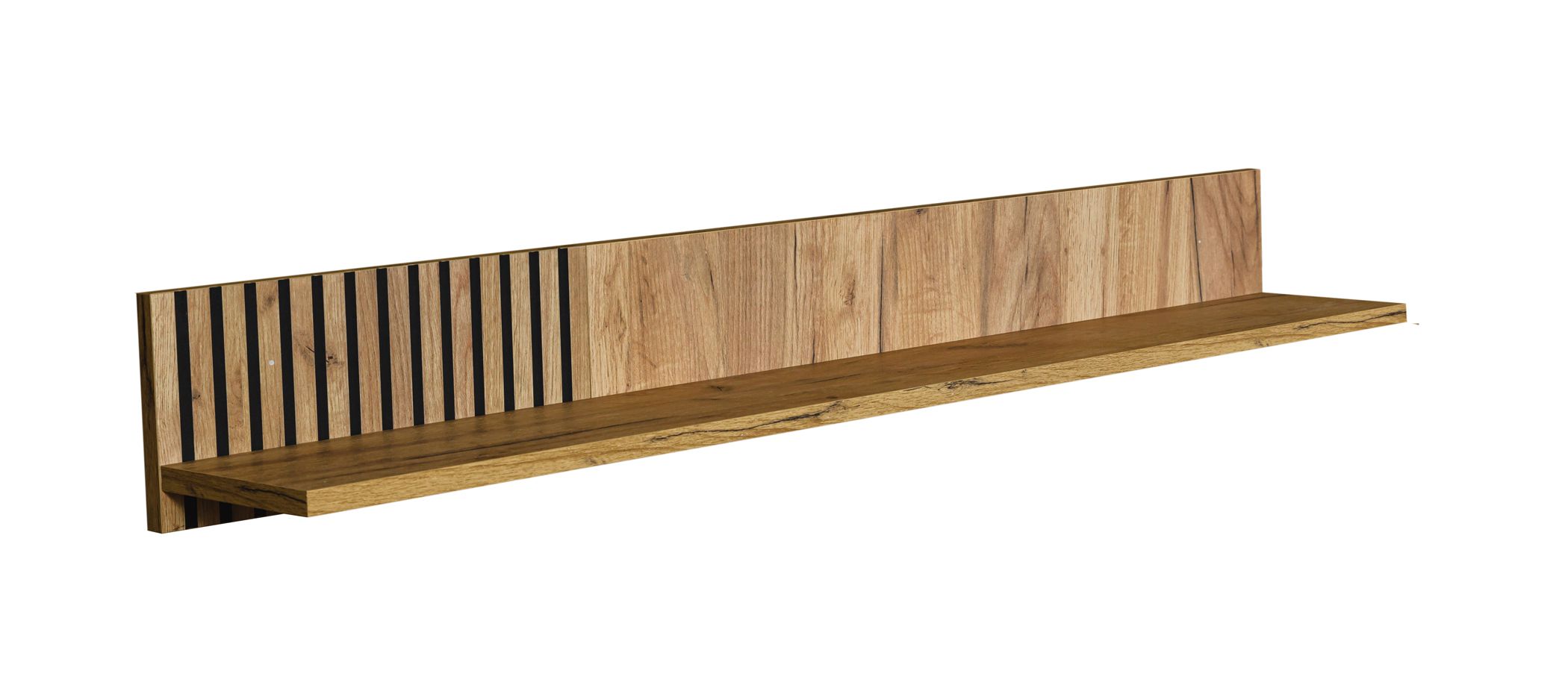 Moderne wandplank met gecanneleerde details Calmuco 12, kleur: Oak Craft Gold / Zwart, afmetingen: 17 x 129 x 19 cm, voor woonkamer