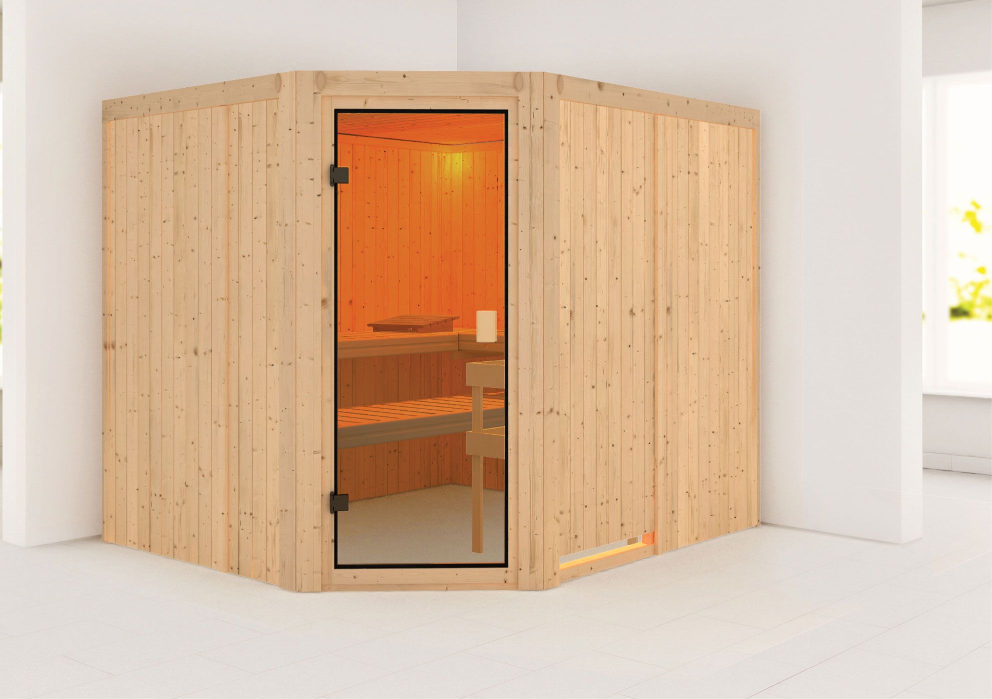 Sauna "Ando" met bronskleurige deur - Kleur: Natuurlijk - 231 x 196 x 198 cm (B x D x H)