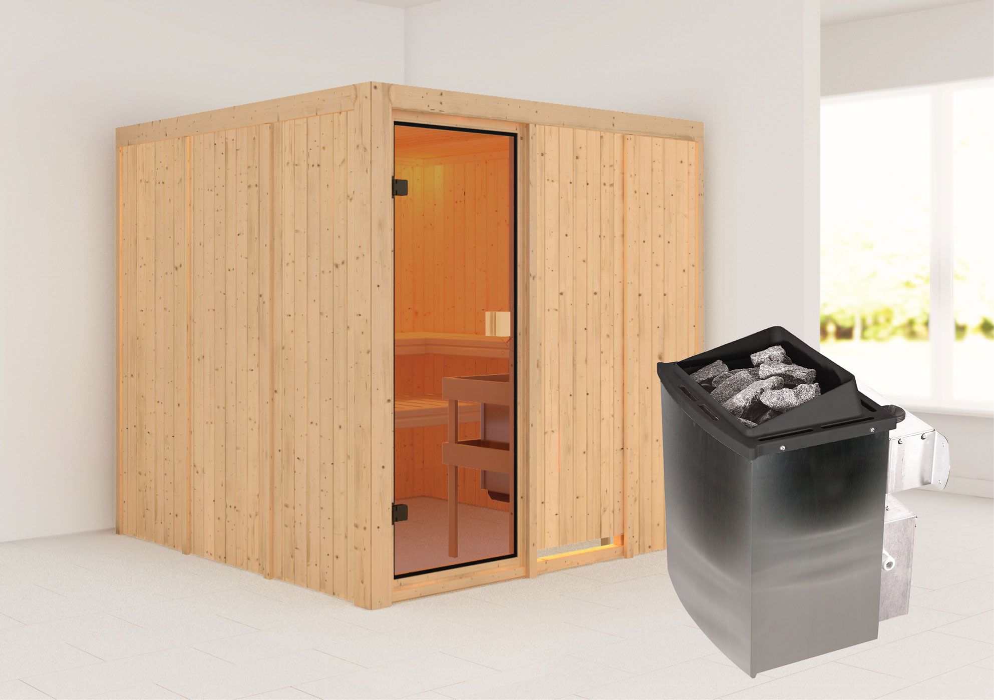 Sauna "Njola" SET met bronskleurige deur - kleur: natuur, kachel 9 kW - 196 x 196 x 198 cm (B x D x H)