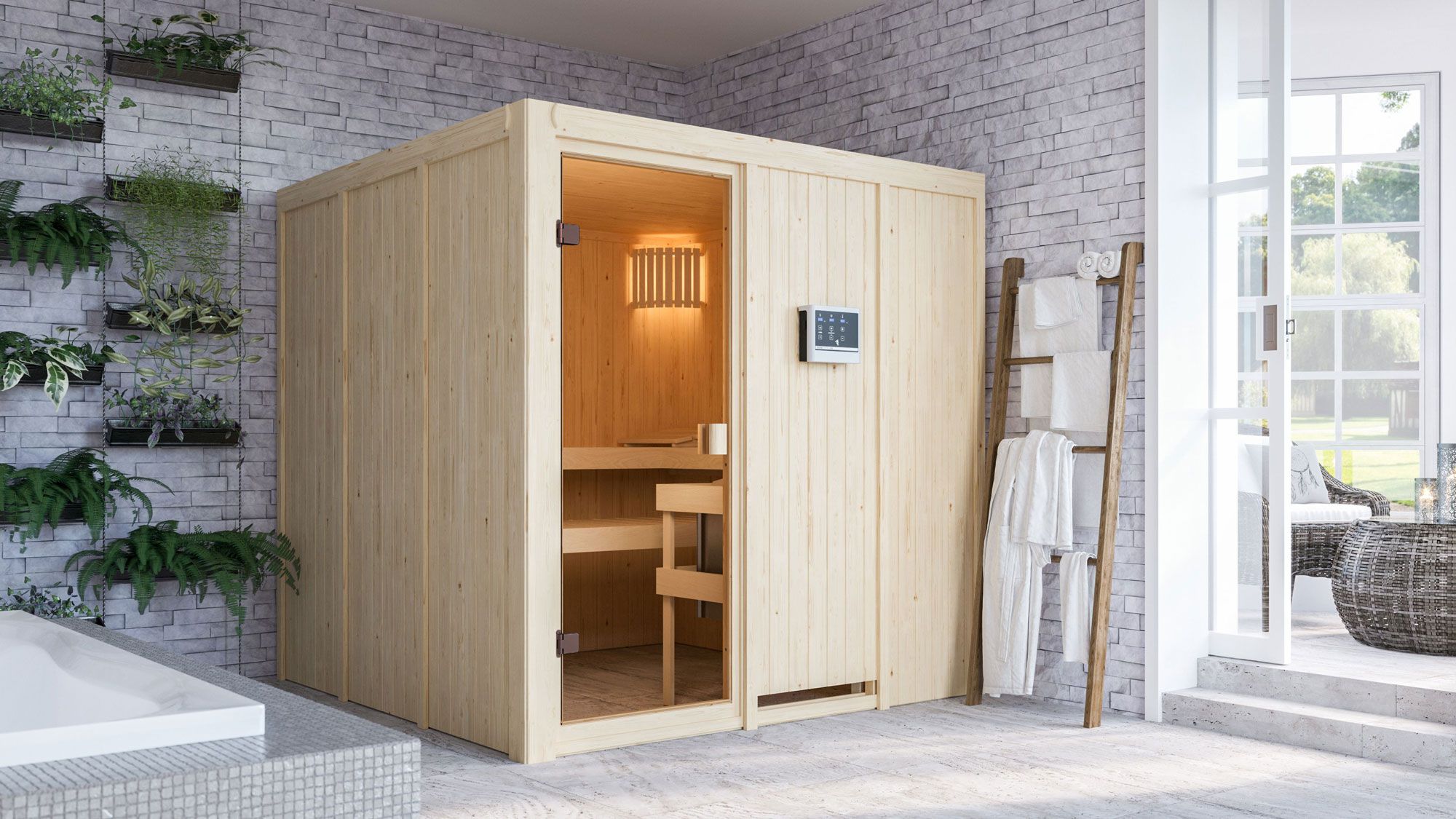 Sauna "Njola" SET met bronskleurige deur - kleur: natuur, kachel externe regeling eenvoudig 9 kW - 196 x 196 x 198 cm (B x D x H)