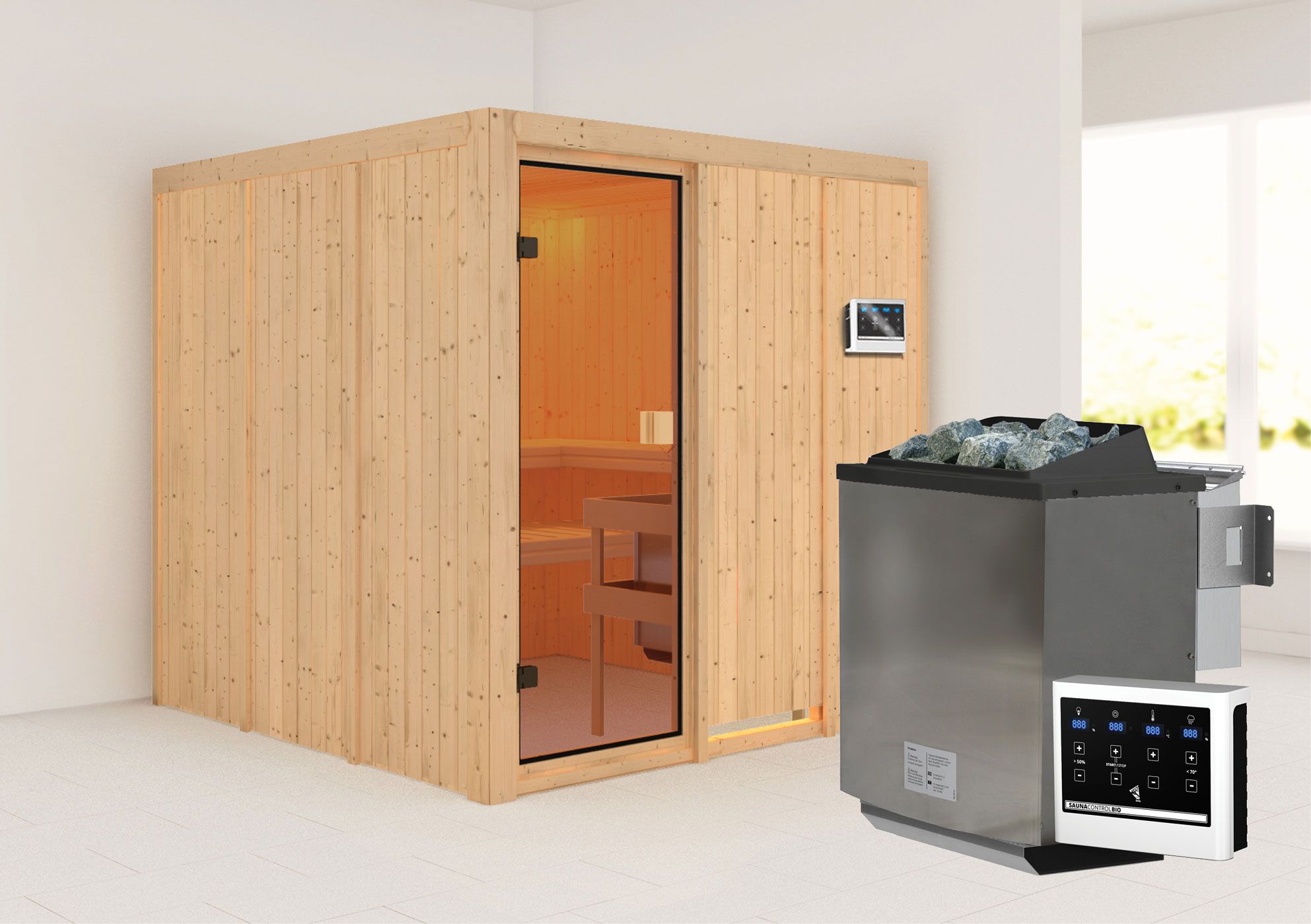 Sauna "Njola" SET met bronskleurige deur - kleur: natuur, oven BIO 9 kW - 196 x 196 x 198 cm (B x D x H)