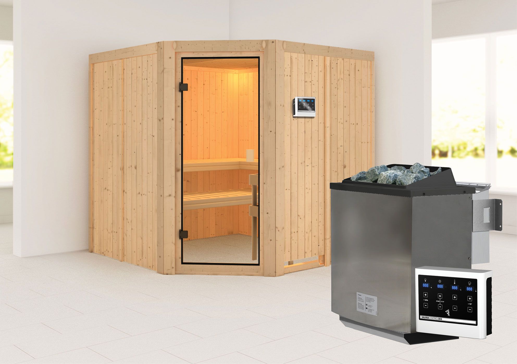 Sauna "Soley" SET met bronskleurige deur - kleur: natuur, kachel BIO 9 kW - 196 x 196 x 198 cm (B x D x H)