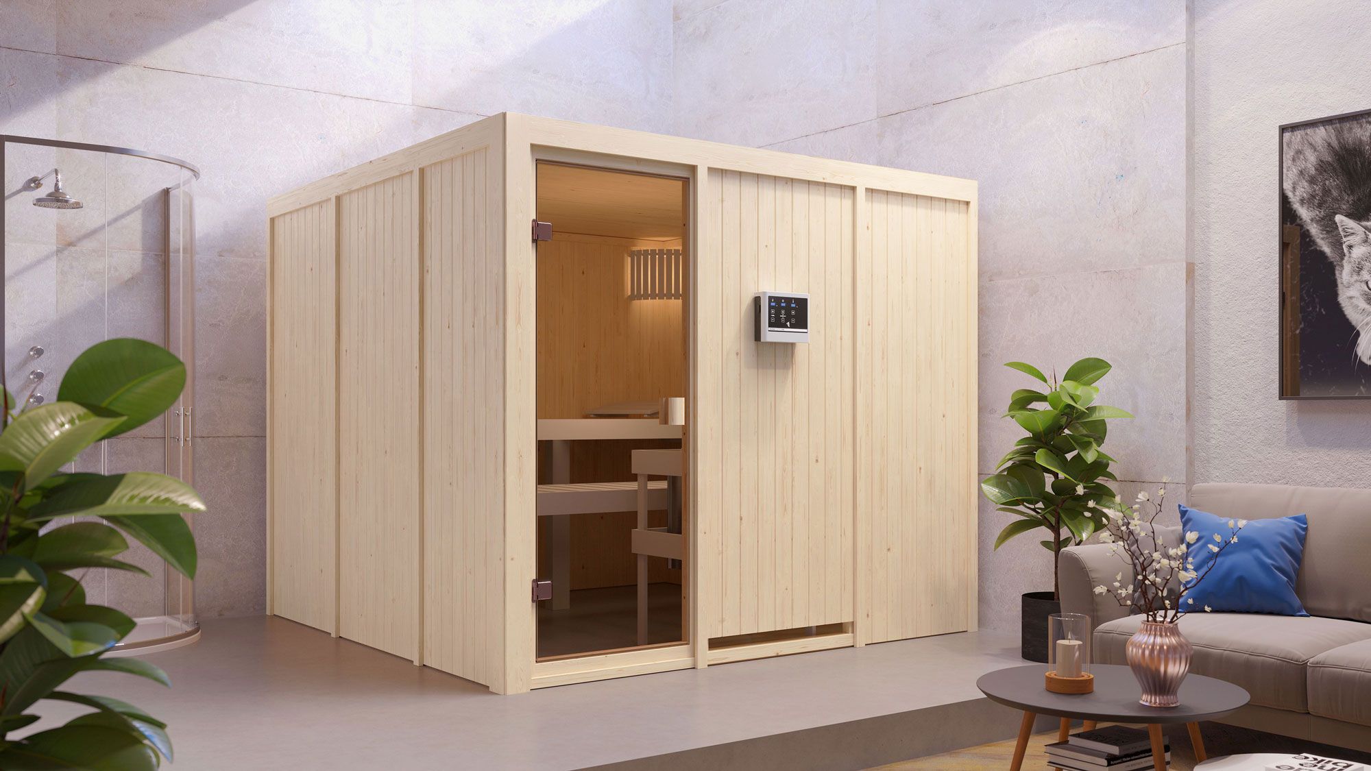 Sauna "Eldar" SET met bronskleurige deur - kleur: natuur, kachel externe regeling eenvoudig 9 kW - 231 x 231 x 198 cm (B x D x H)