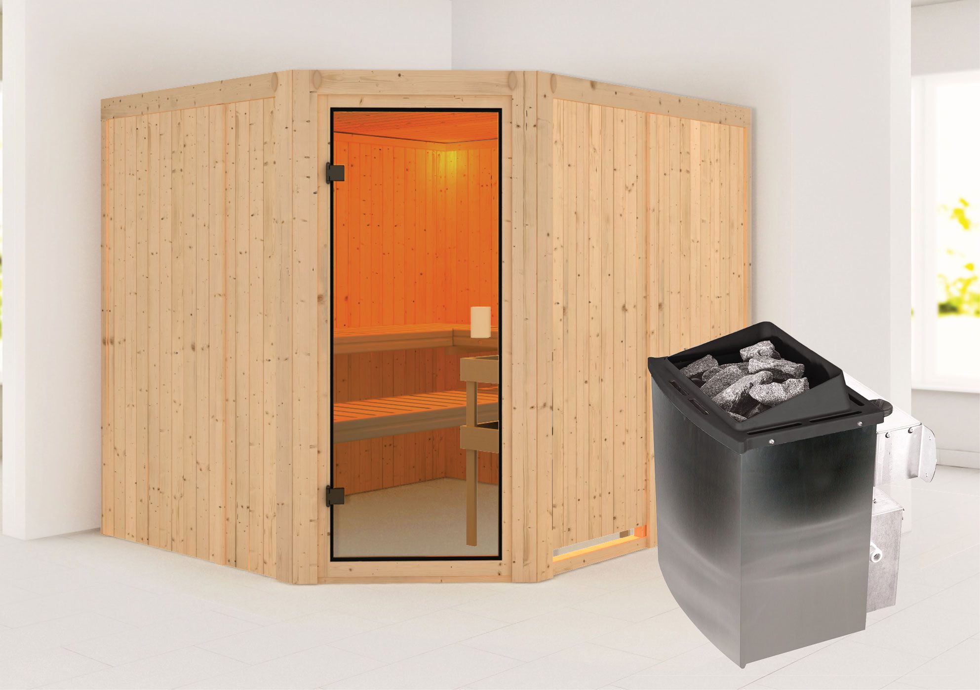 Sauna "Ando" SET met bronskleurige deur - kleur: natuur, kachel 9 kW - 231 x 196 x 198 cm (B x D x H)