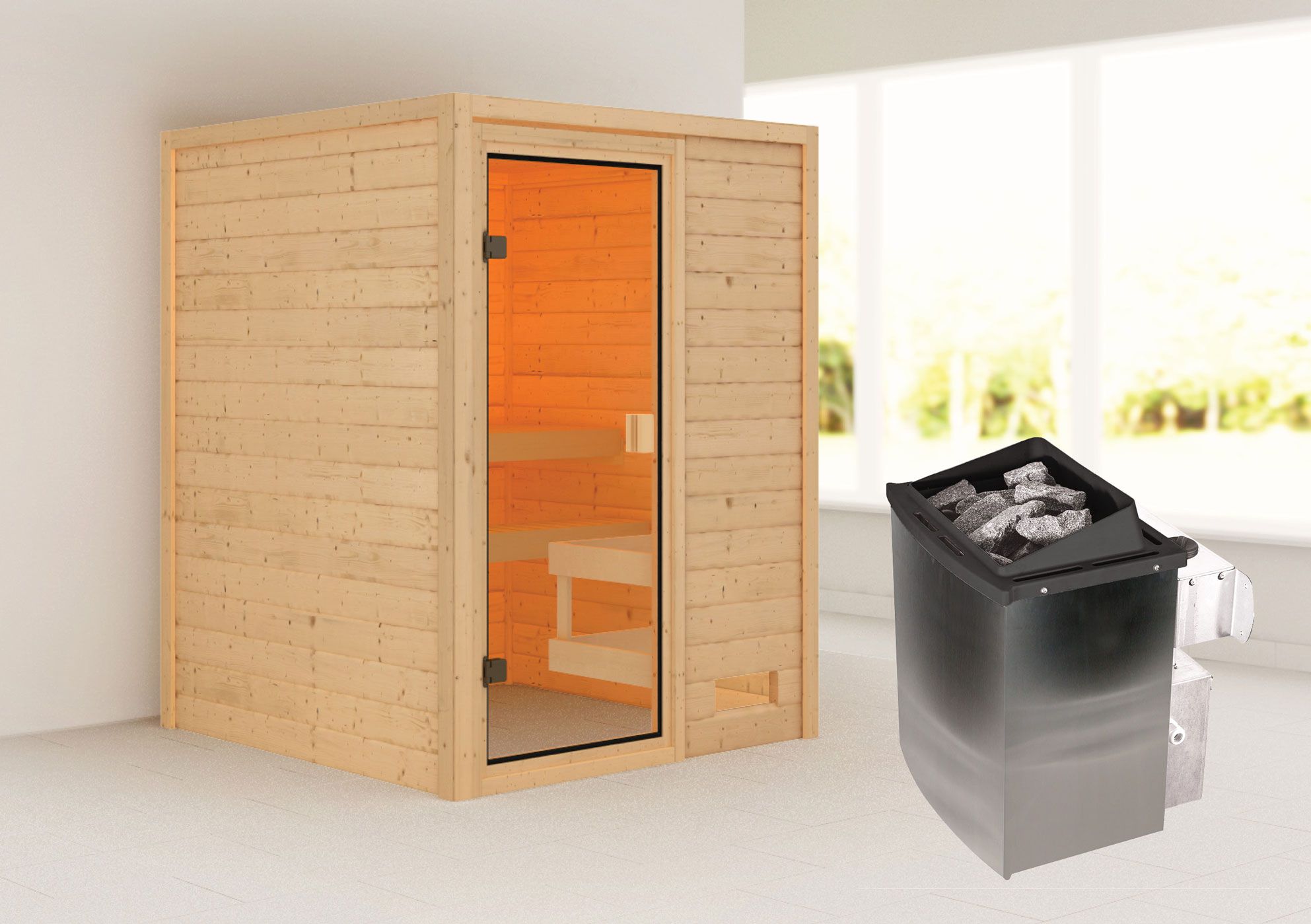 Sauna "Eivind" SET met bronskleurige deur - kleur: natuur, kachel 9 kW - 145 x 145 x 187 cm (B x D x H)