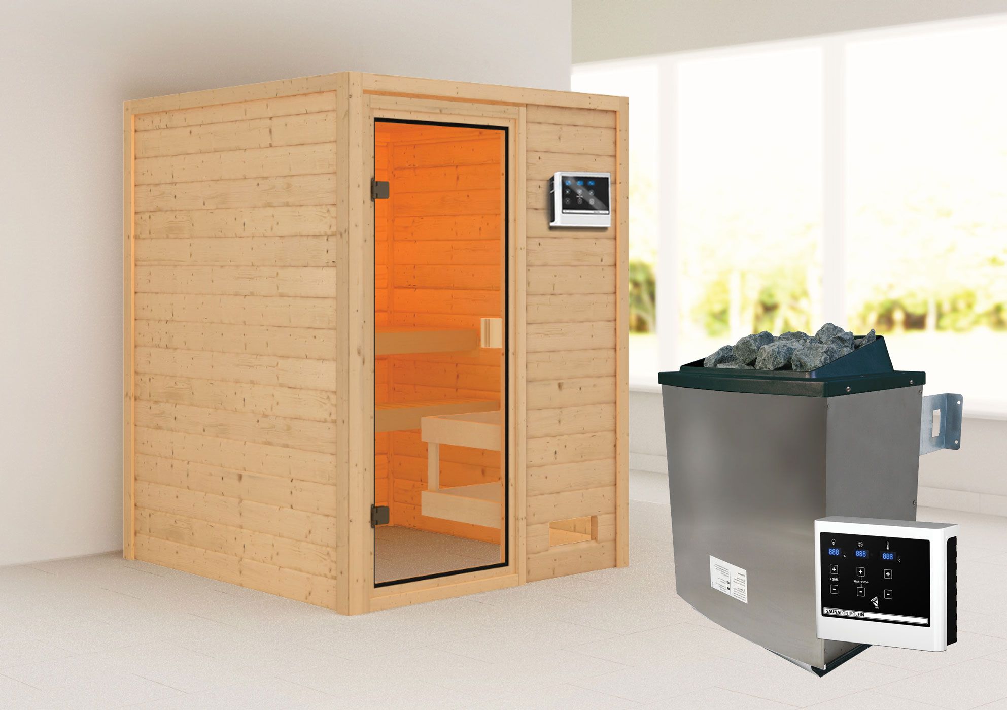 Sauna "Eivind" SET met bronskleurige deur - kleur: natuur, kachel externe regeling eenvoudig 9 kW - 145 x 145 x 187 cm (B x D x H)