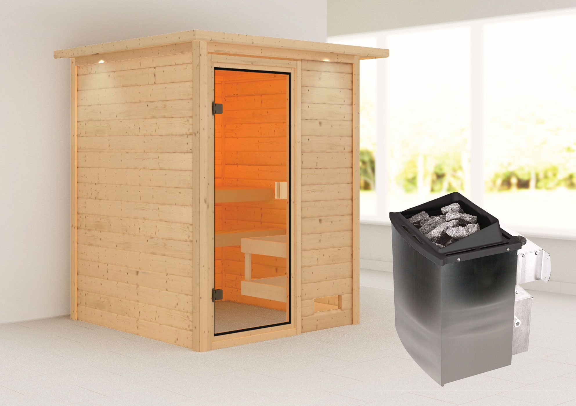 Sauna "Eivind" SET met bronskleurige deur en rand - kleur: naturel, kachel 9 kW - 173 x 159 x 191 cm (B x D x H)
