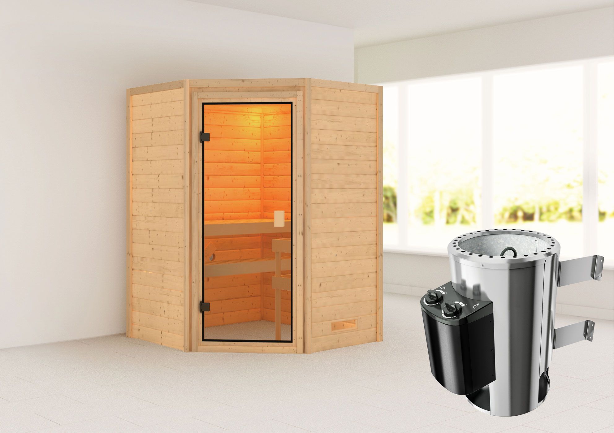 Sauna "Henrik" SET met bronskleurige deur - kleur: natuur, kachel 3,6 kW - 145 x 145 x 187 cm (B x D x H)