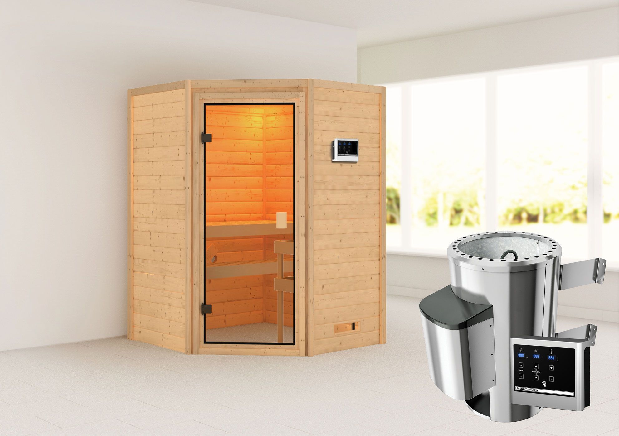 Sauna "Henrik" SET met bronskleurige deur - kleur: natuur, kachel externe regeling easy 3,6 kW - 145 x 145 x 187 cm (B x D x H)