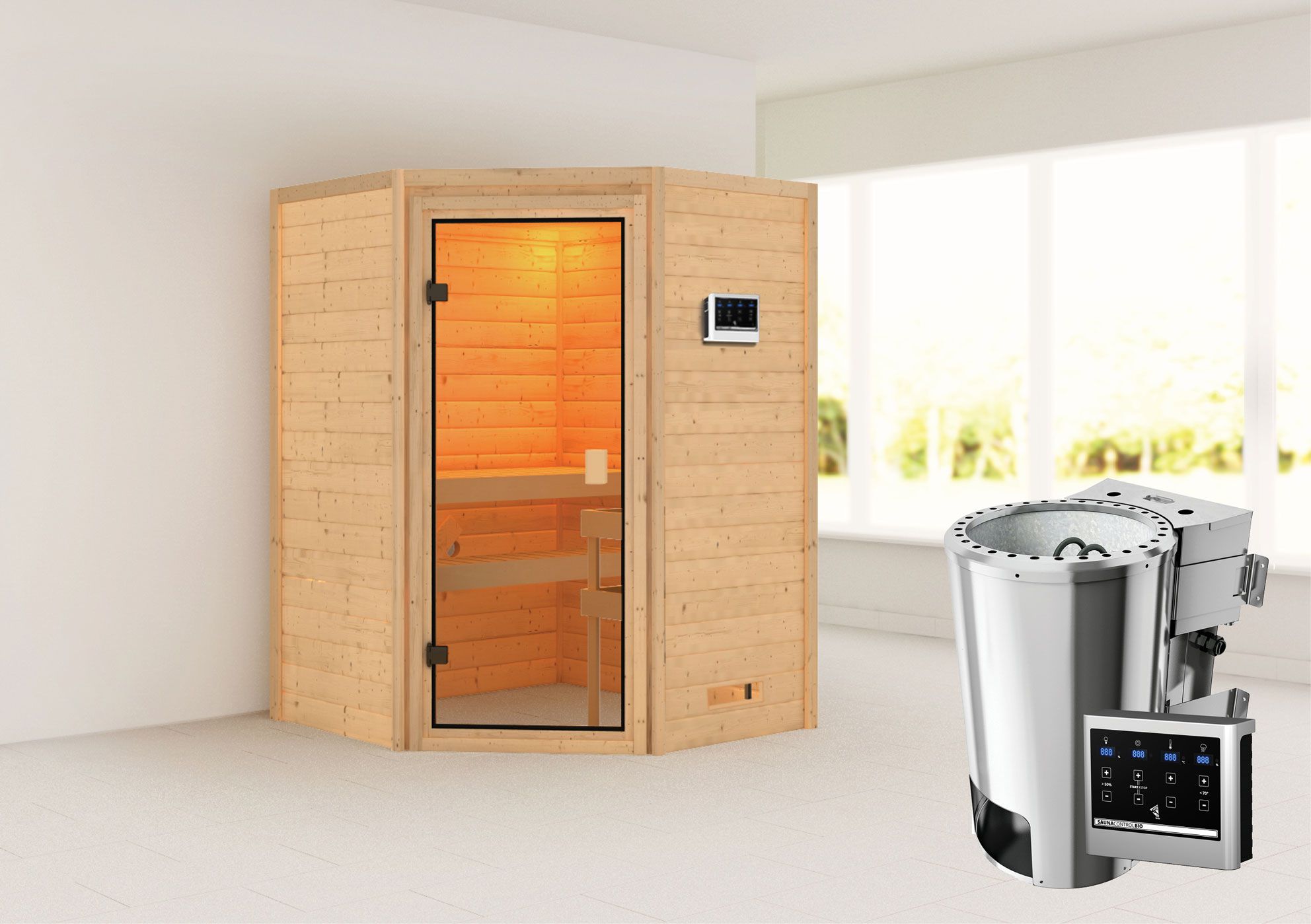 Sauna "Henrik" SET met bronskleurige deur - kleur: natuur, oven BIO 3,6 kW - 145 x 145 x 187 cm (B x D x H)