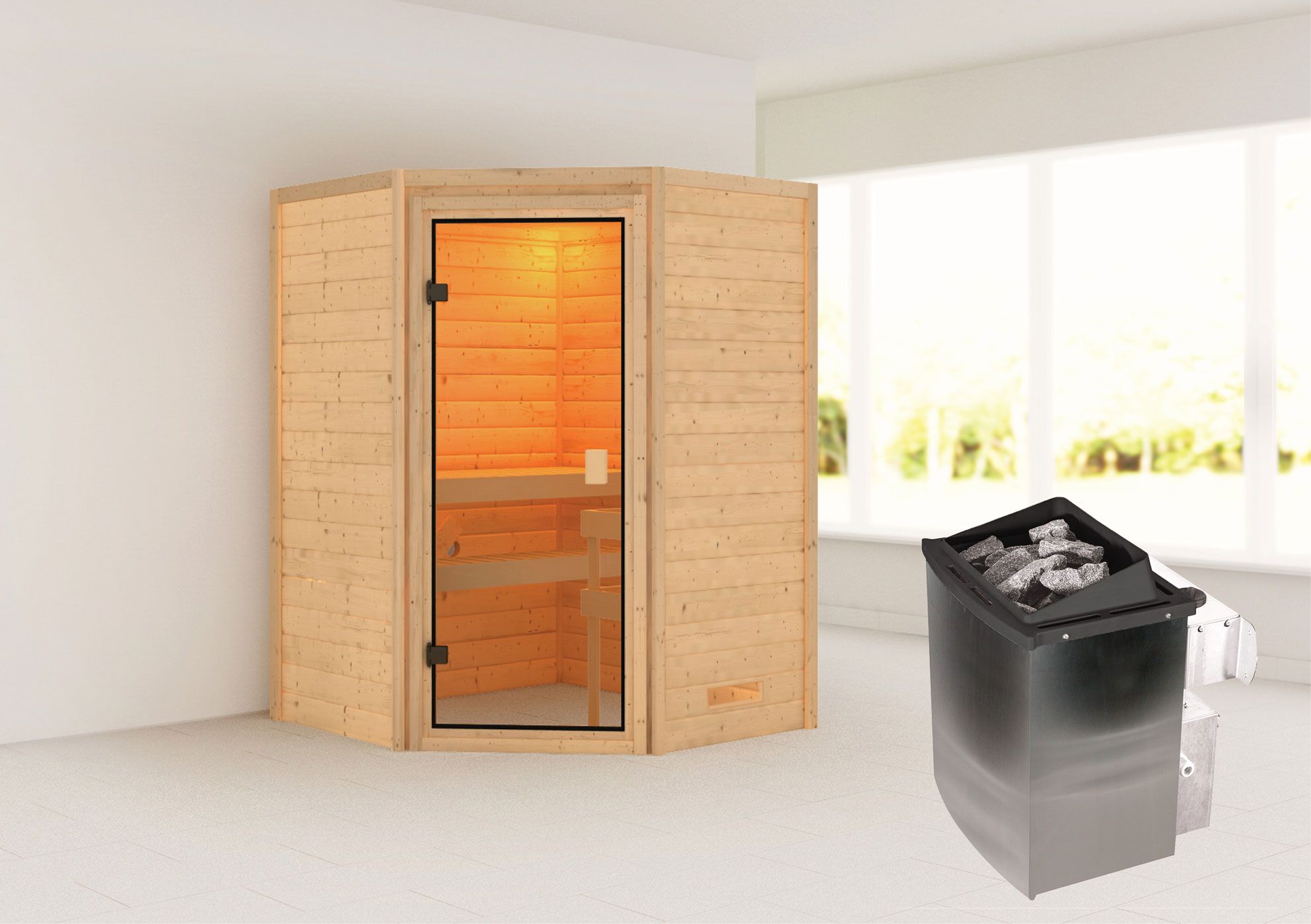 Sauna "Henrik" SET met bronskleurige deur - kleur: natuur, kachel 9 kW - 145 x 145 x 187 cm (B x D x H)