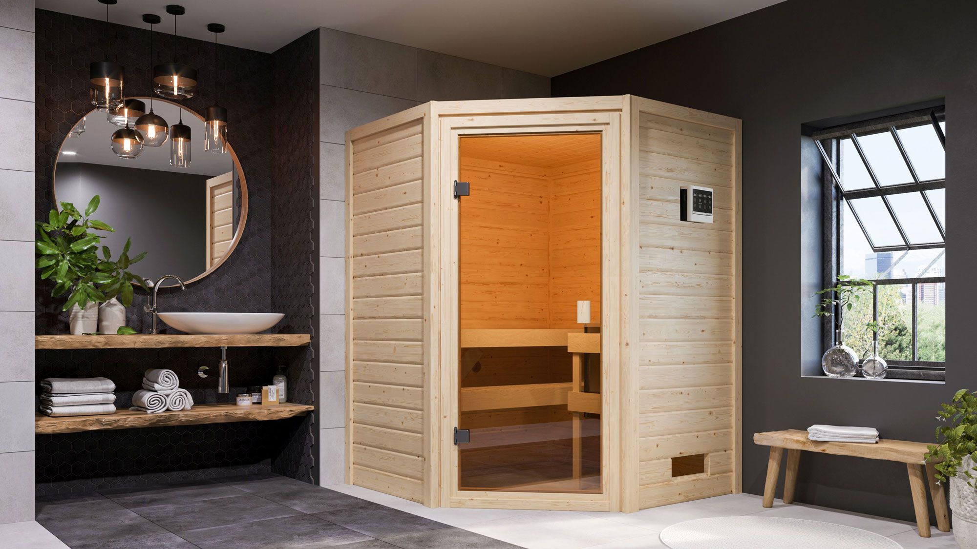 Sauna "Henrik" SET met bronskleurige deur - kleur: natuur, oven BIO 9 kW - 145 x 145 x 187 cm (B x D x H)