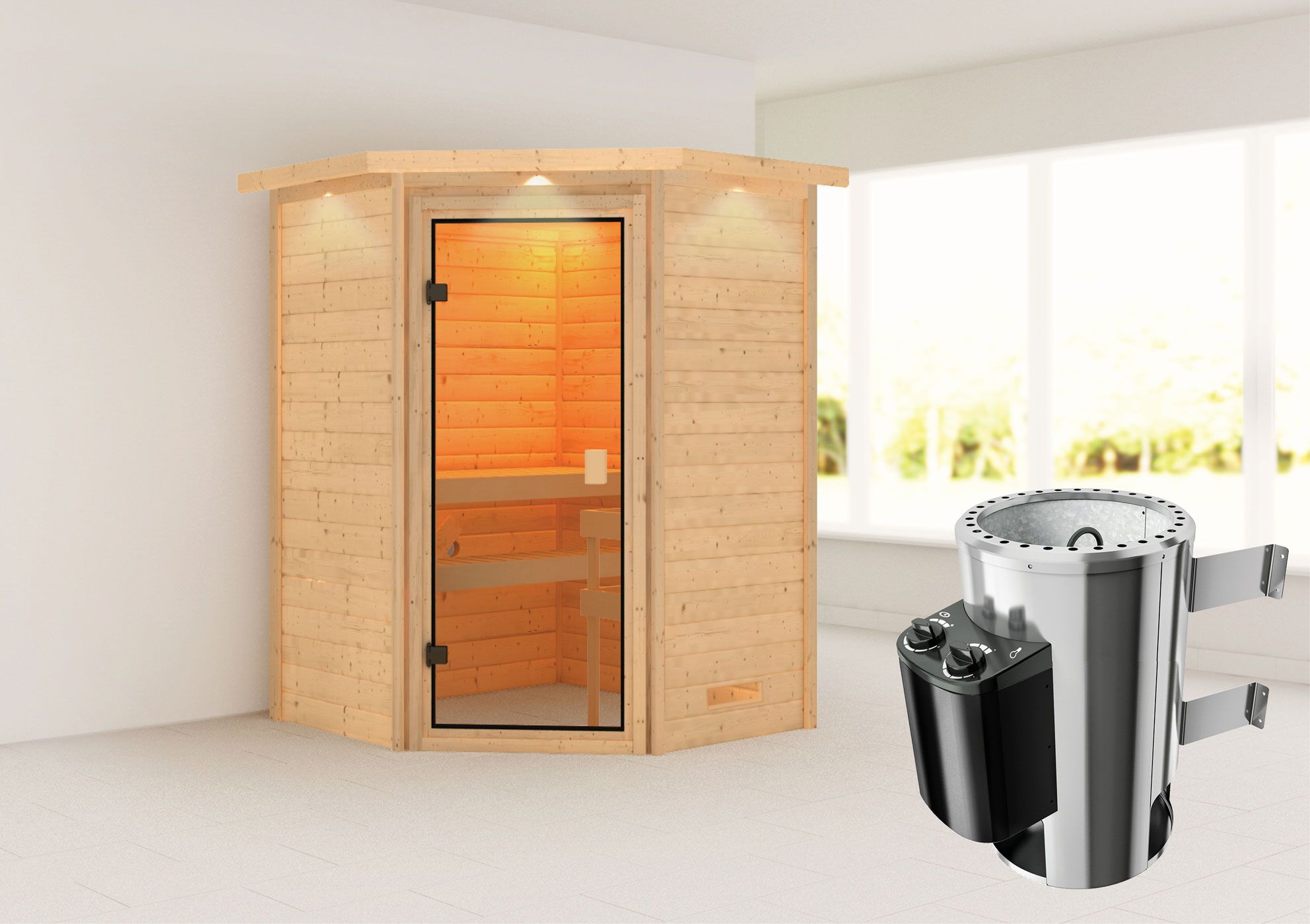 Sauna "Henrik" SET met bronskleurige deur en rand - kleur: naturel, kachel 3,6 kW - 173 x 159 x 191 cm (B x D x H)