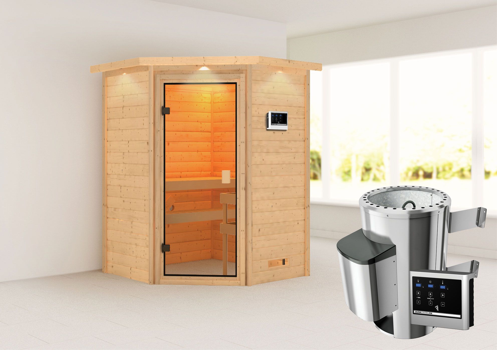 Sauna "Henrik" SET met bronskleurige deur en rand - kleur: naturel, kachel externe regeling eenvoudig 3,6 kW - 173 x 159 x 191 cm (B x D x H)