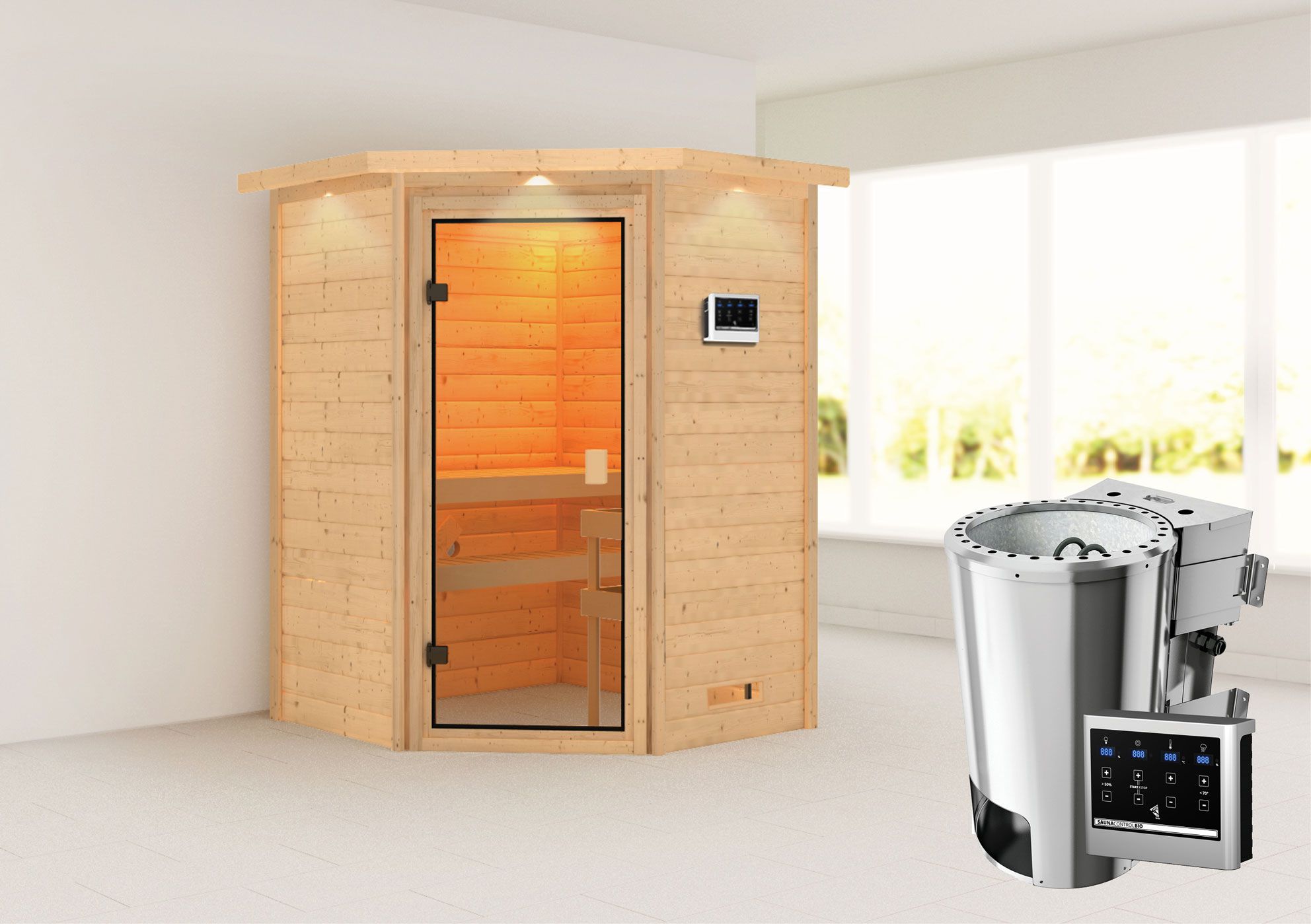 Sauna "Henrik" SET met bronskleurige deur en rand - kleur: natuur, oven BIO 3,6 kW - 173 x 159 x 191 cm (B x D x H)