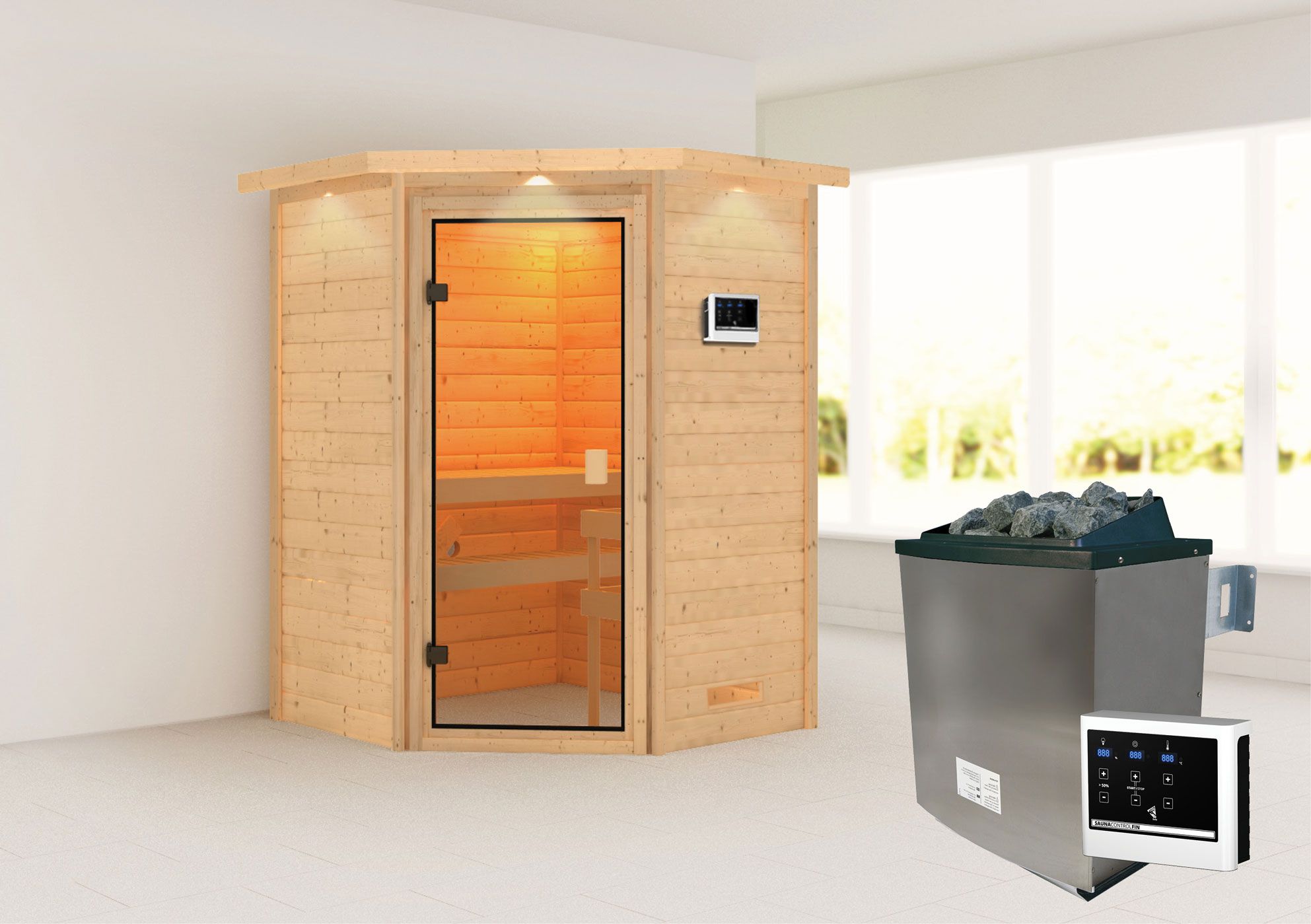 Sauna "Henrik" SET met bronskleurige deur en rand - kleur: naturel, kachel externe regeling eenvoudig 9 kW - 173 x 159 x 191 cm (B x D x H)