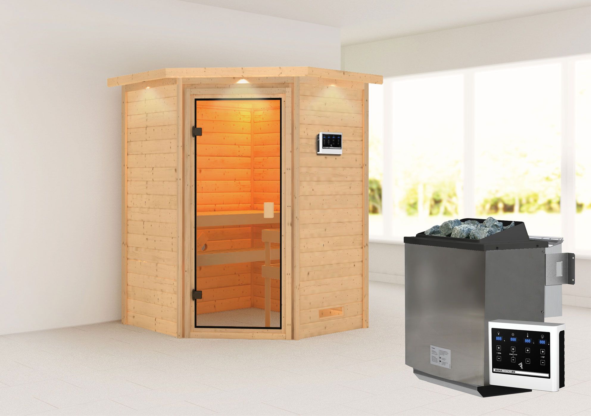 Sauna "Henrik" SET met bronskleurige deur en rand - kleur: naturel, kachel BIO 9 kW - 173 x 159 x 191 cm (B x D x H)