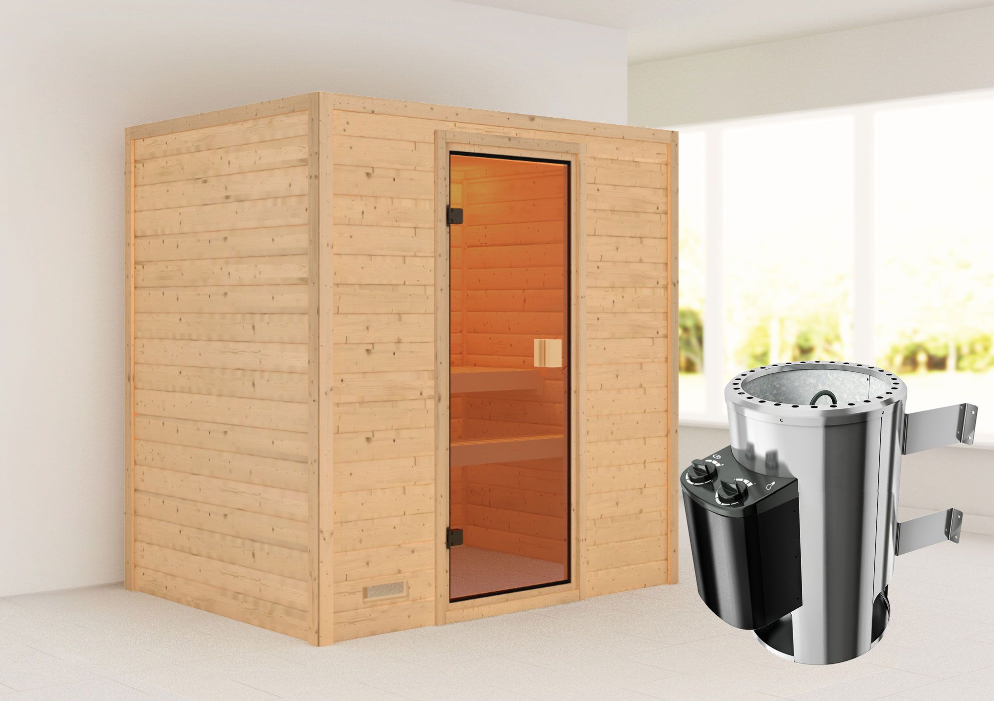 Sauna "Fynn" SET met bronskleurige deur - kleur: natuur, kachel 3,6 kW - 195 x 145 x 187 cm (B x D x H)