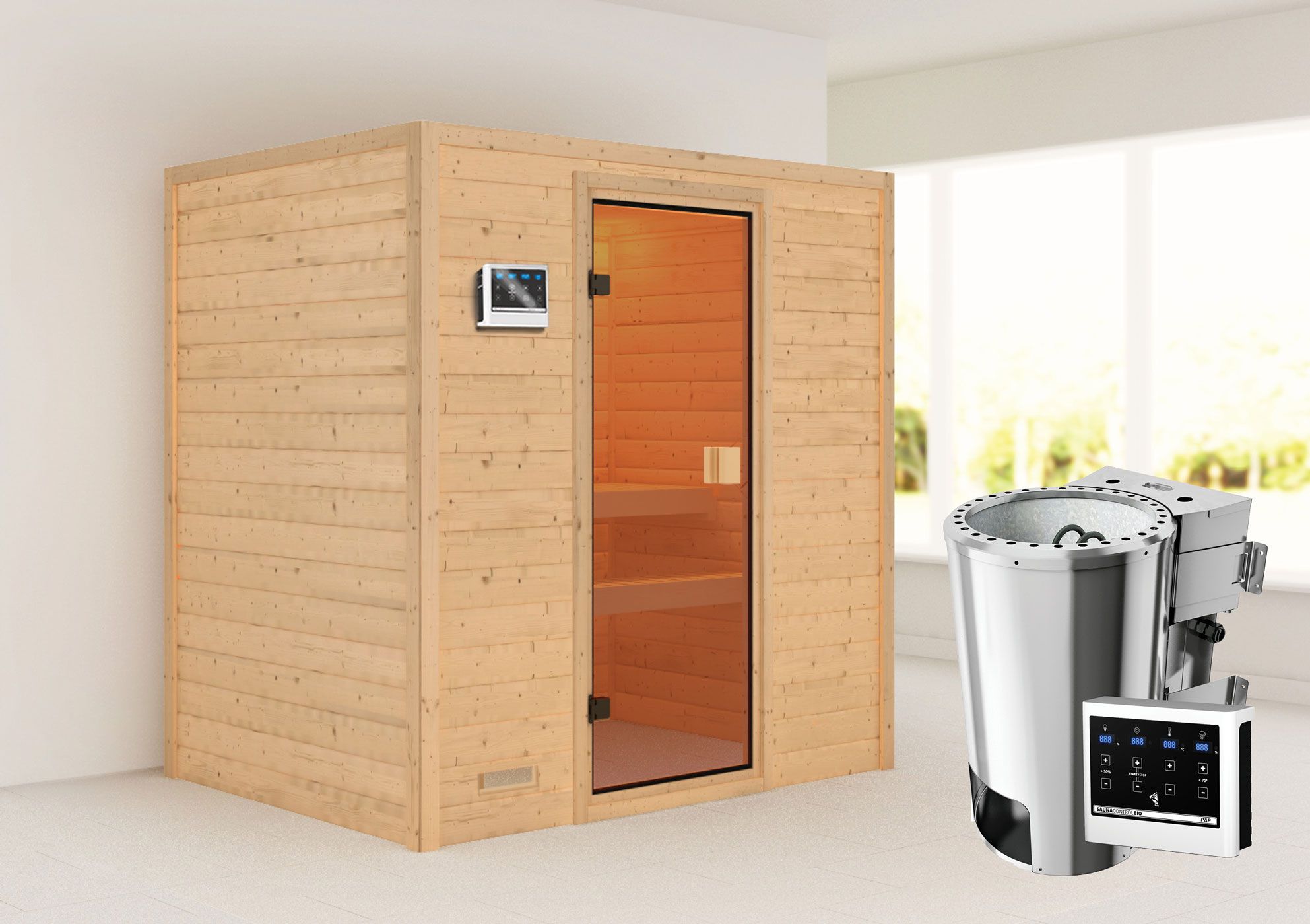 Sauna "Fynn" SET met bronskleurige deur - kleur: natuur, oven BIO 3,6 kW - 195 x 145 x 187 cm (B x D x H)