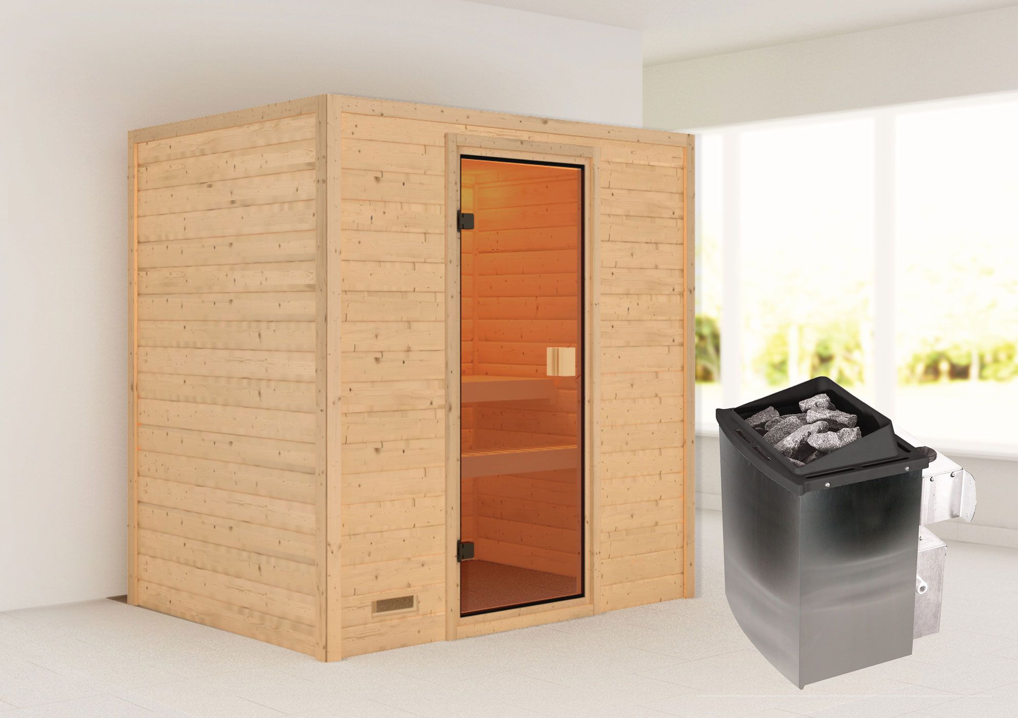 Sauna "Fynn" SET met bronskleurige deur - kleur: natuur, kachel 9 kW - 195 x 145 x 187 cm (B x D x H)