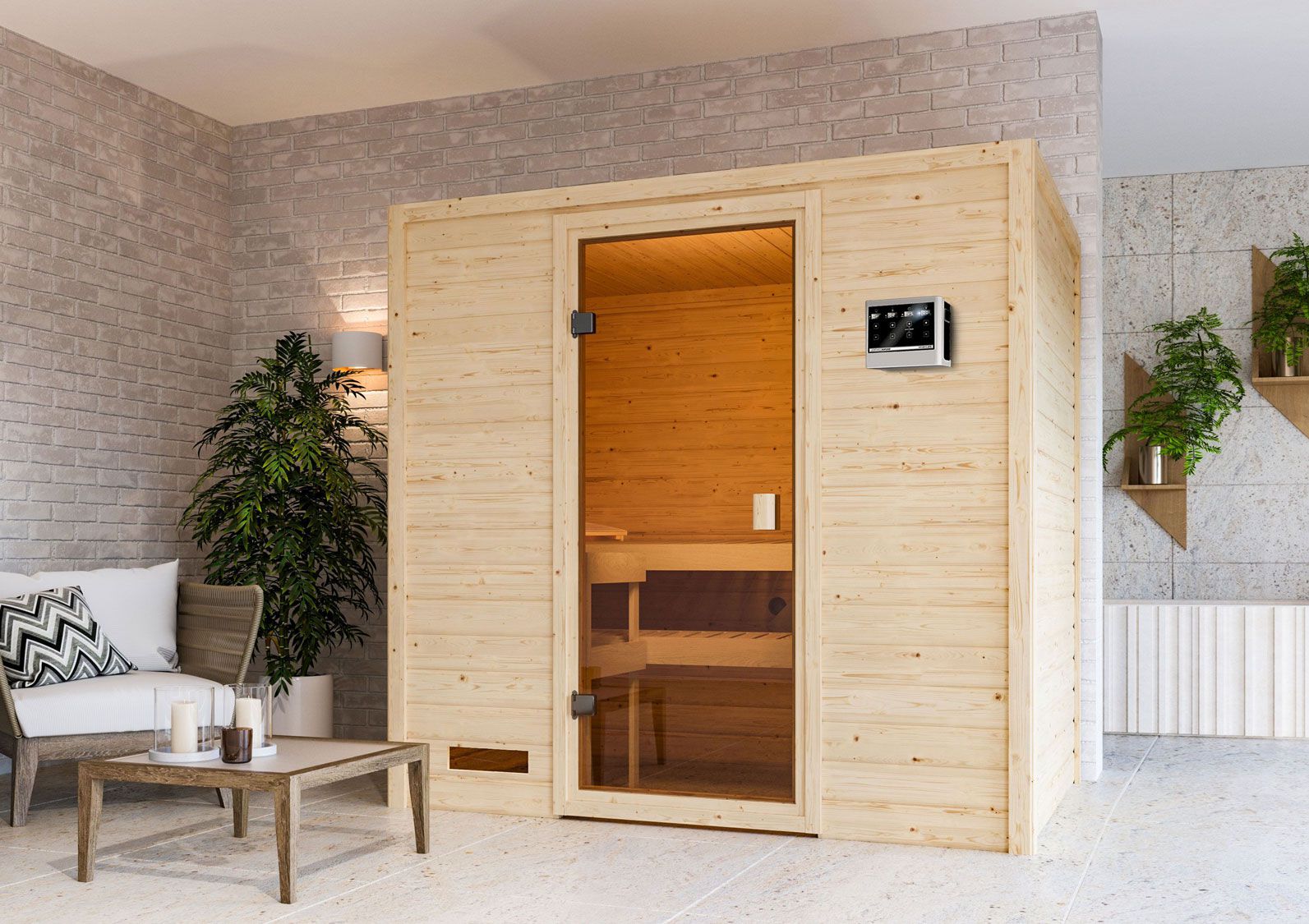 Sauna "Fynn" SET met bronskleurige deur - kleur: natuur, kachel externe regeling eenvoudig 9 kW - 195 x 145 x 187 cm (B x D x H)