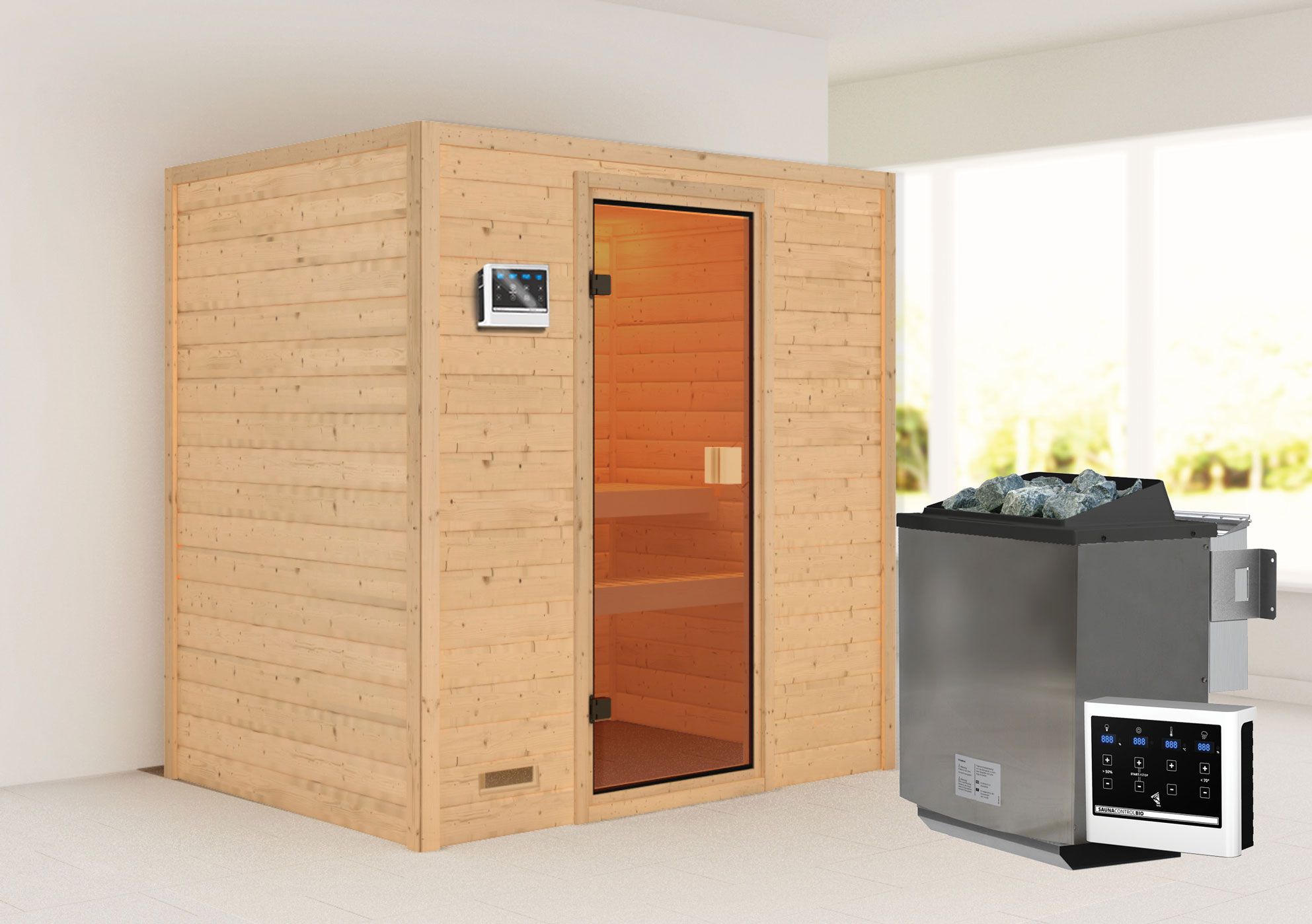 Sauna "Fynn" SET met bronskleurige deur - kleur: natuur, oven BIO 9 kW - 195 x 145 x 187 cm (B x D x H)