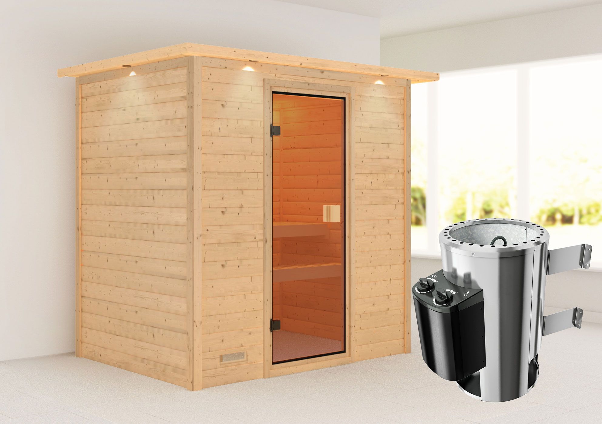 Sauna "Fynn" SET met bronskleurige deur en rand - kleur: naturel, kachel 3,6 kW - 223 x 159 x 191 cm (B x D x H)