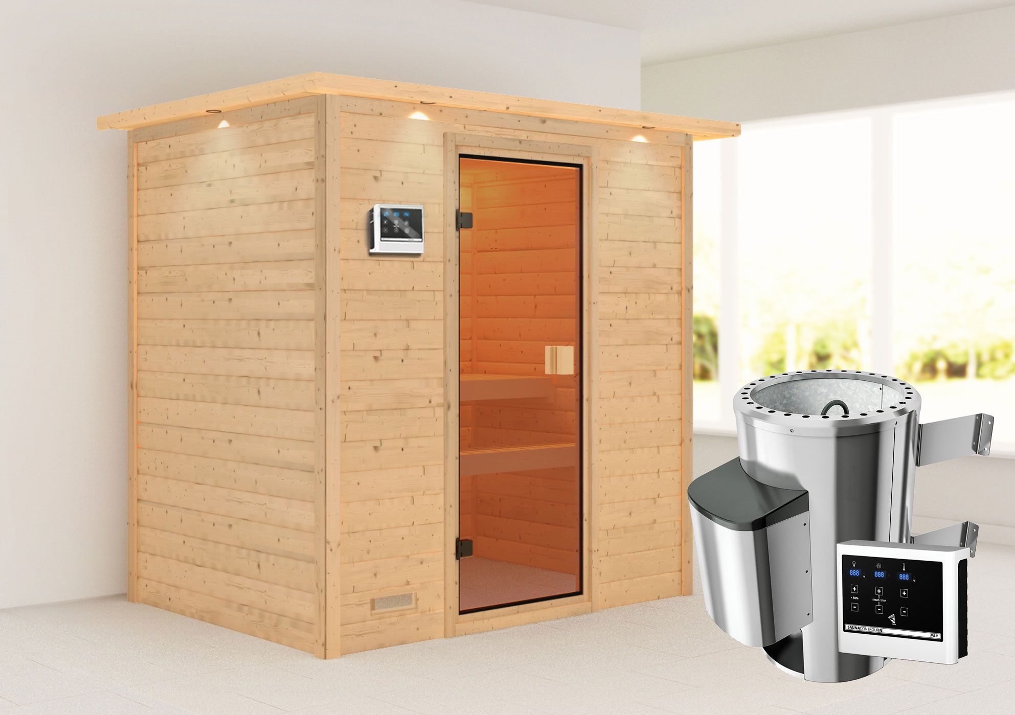 Sauna "Fynn" SET met bronskleurige deur en rand - kleur: naturel, kachel externe regeling eenvoudig 3,6 kW - 223 x 159 x 191 cm (B x D x H)