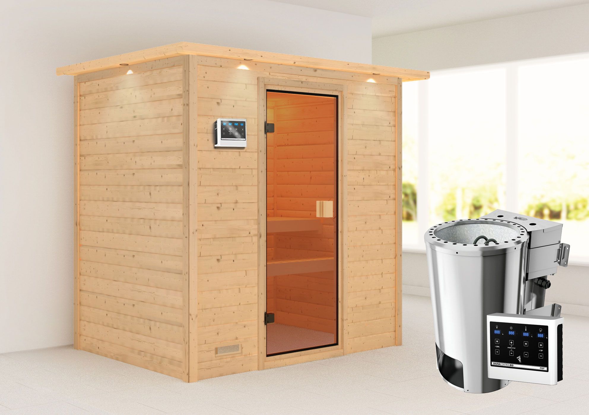 Sauna "Fynn" SET met bronskleurige deur en rand - kleur: naturel, kachel BIO 3,6 kW - 223 x 159 x 191 cm (B x D x H)