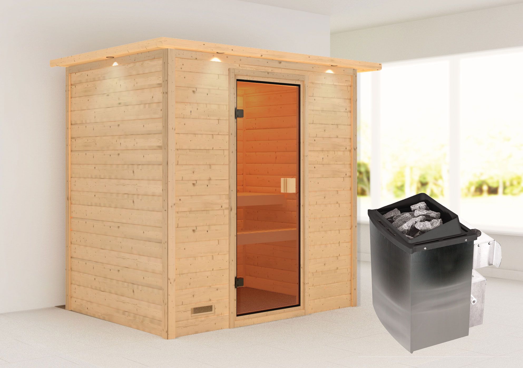 Sauna "Fynn" SET met bronskleurige deur en rand - kleur: naturel, kachel 9 kW - 223 x 159 x 191 cm (B x D x H)