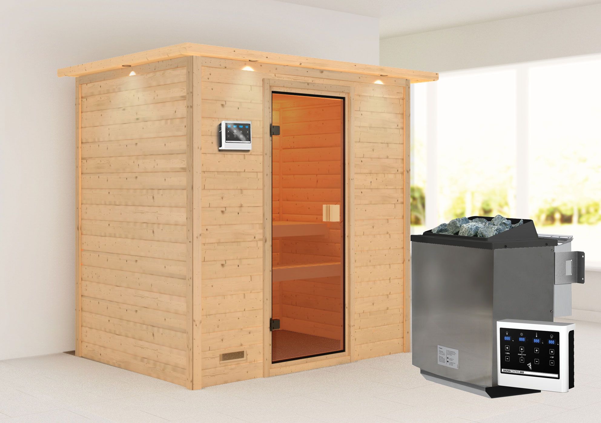 Sauna "Fynn" SET met bronskleurige deur en rand - kleur: natuur, oven BIO 9 kW - 223 x 159 x 191 cm (B x D x H)