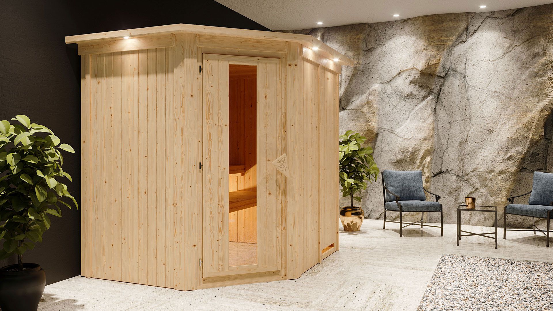 Hanko" sauna met kroonlijst en energiebesparende deur - Kleur: Naturel - 210 x 184 x 202 cm (B x D x H)