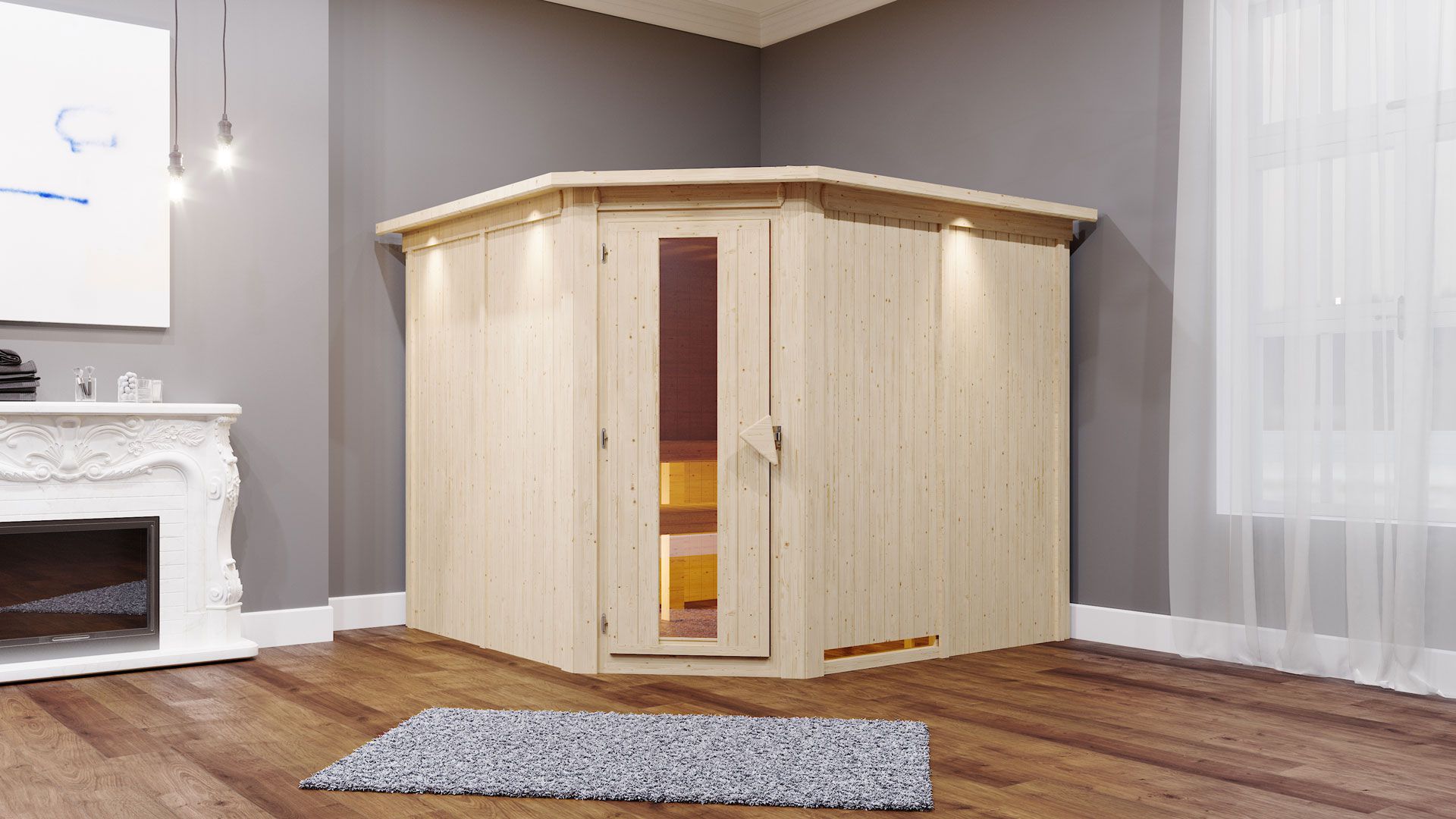 Samu" sauna met energiebesparende deur en rand - Kleur: Naturel - 245 x 210 x 202 cm (B x D x H)