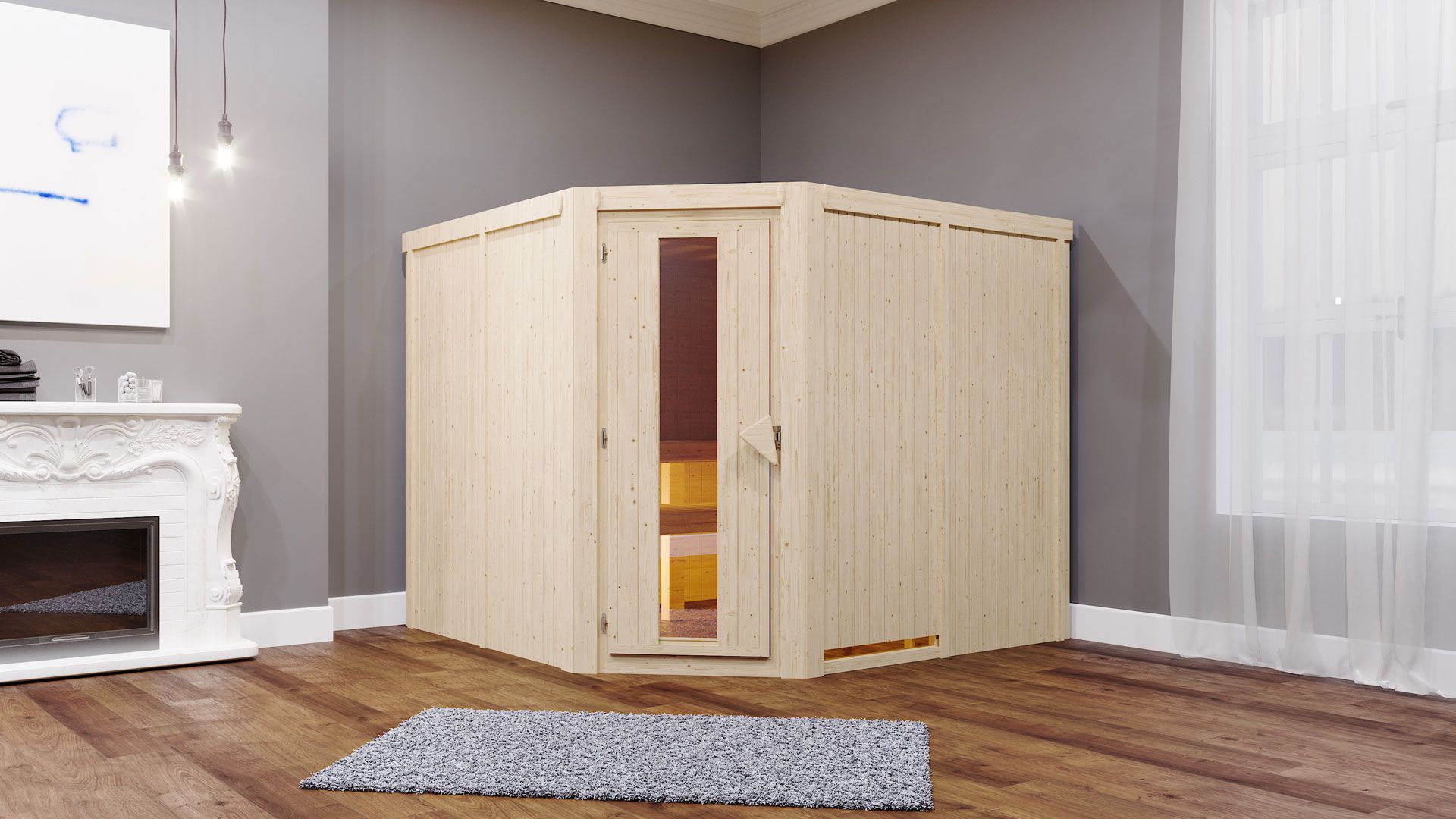 Sauna "Samu" SET met energiebesparende deur - kleur: naturel, kachel 9 kW - 231 x 196 x 198 cm (B x D x H)