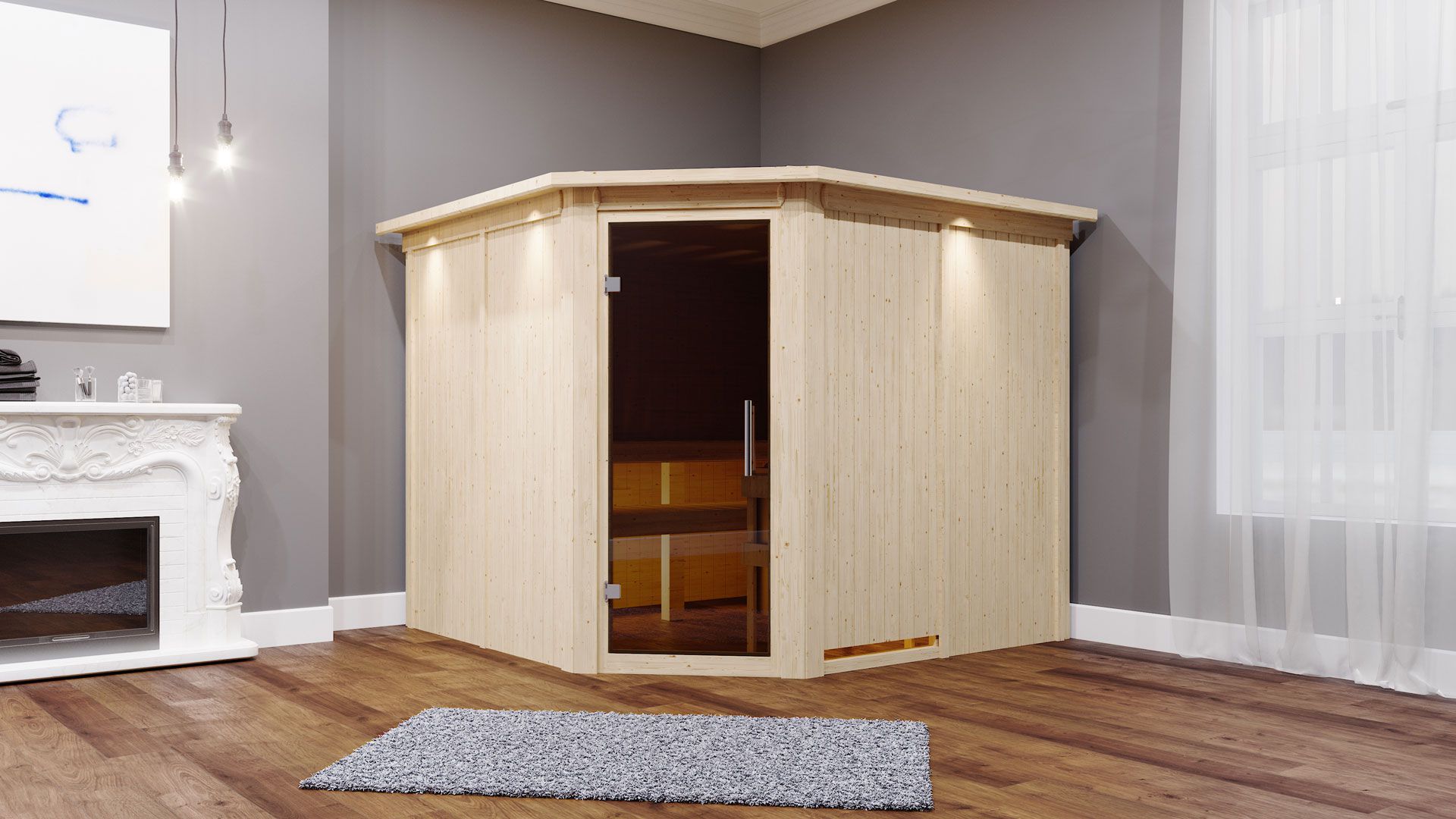 Samu" sauna met grafietkleurige deur en rand - Kleur: Naturel - 245 x 210 x 202 cm (B x D x H)