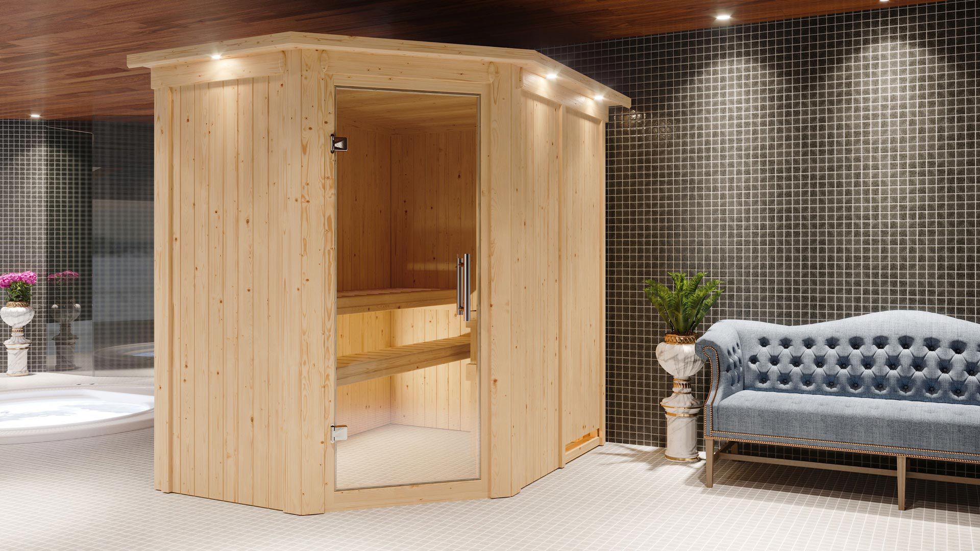 Ole" sauna met deur en rand van helder glas - Kleur: Naturel - 165 x 210 x 202 cm (B x D x H)