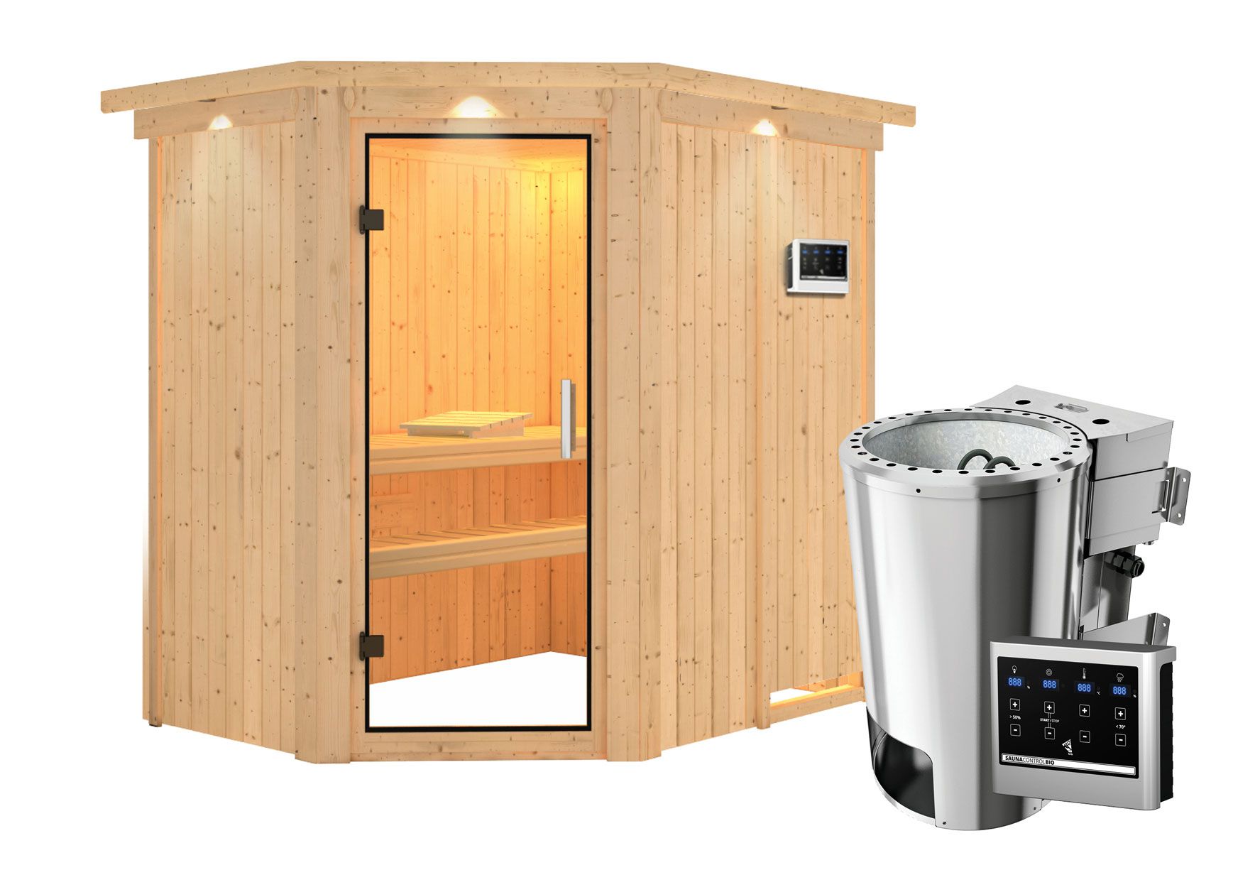 Sauna "Ole" SET met heldere glazen deur, kroon & kachel BIO 3,6 kW - 165 x 210 x 202 cm (B x D x H)