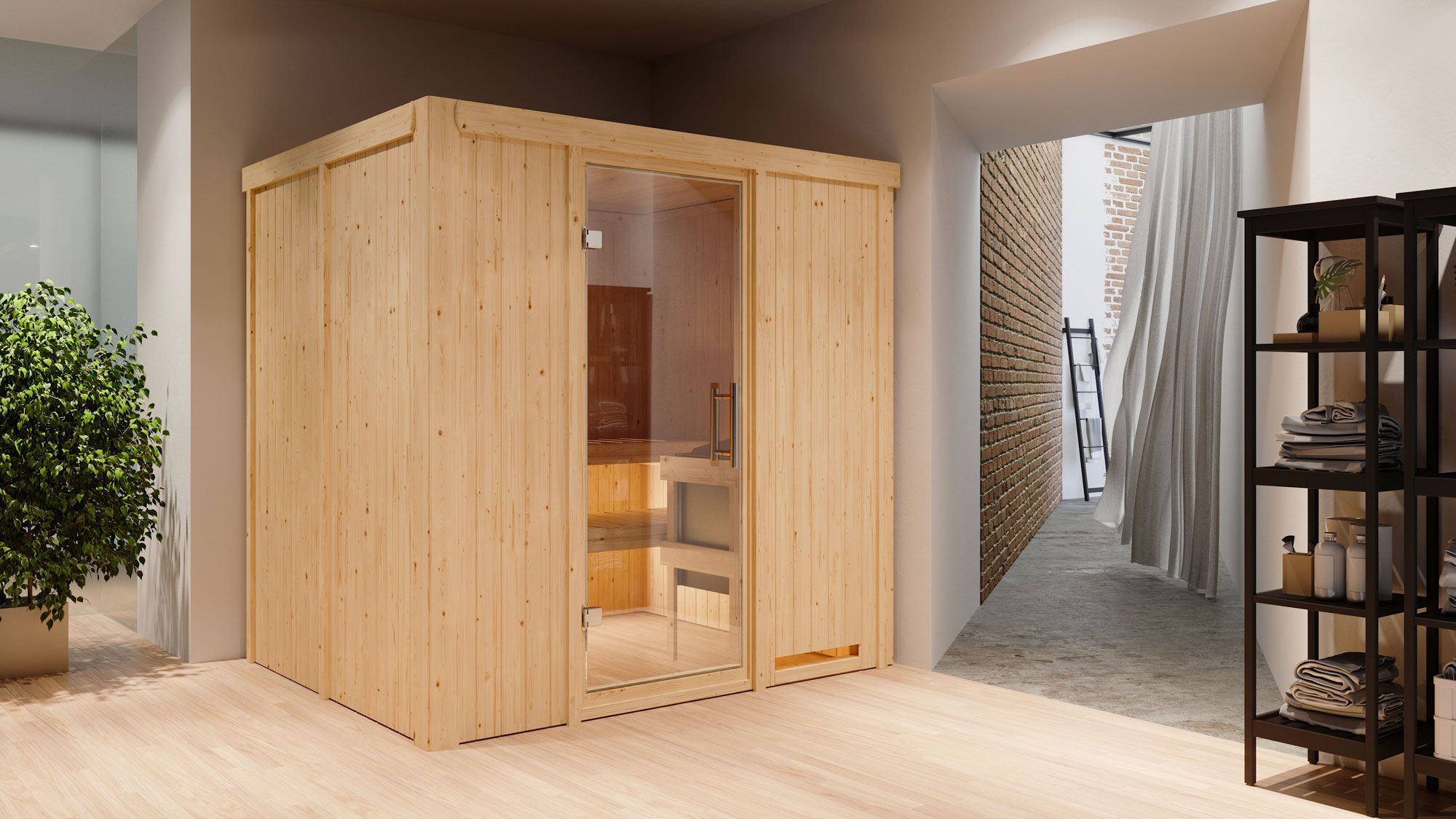 Agnar" sauna met heldere glazen deur - kleur: naturel - 196 x 170 x 198 cm (B x D x H)