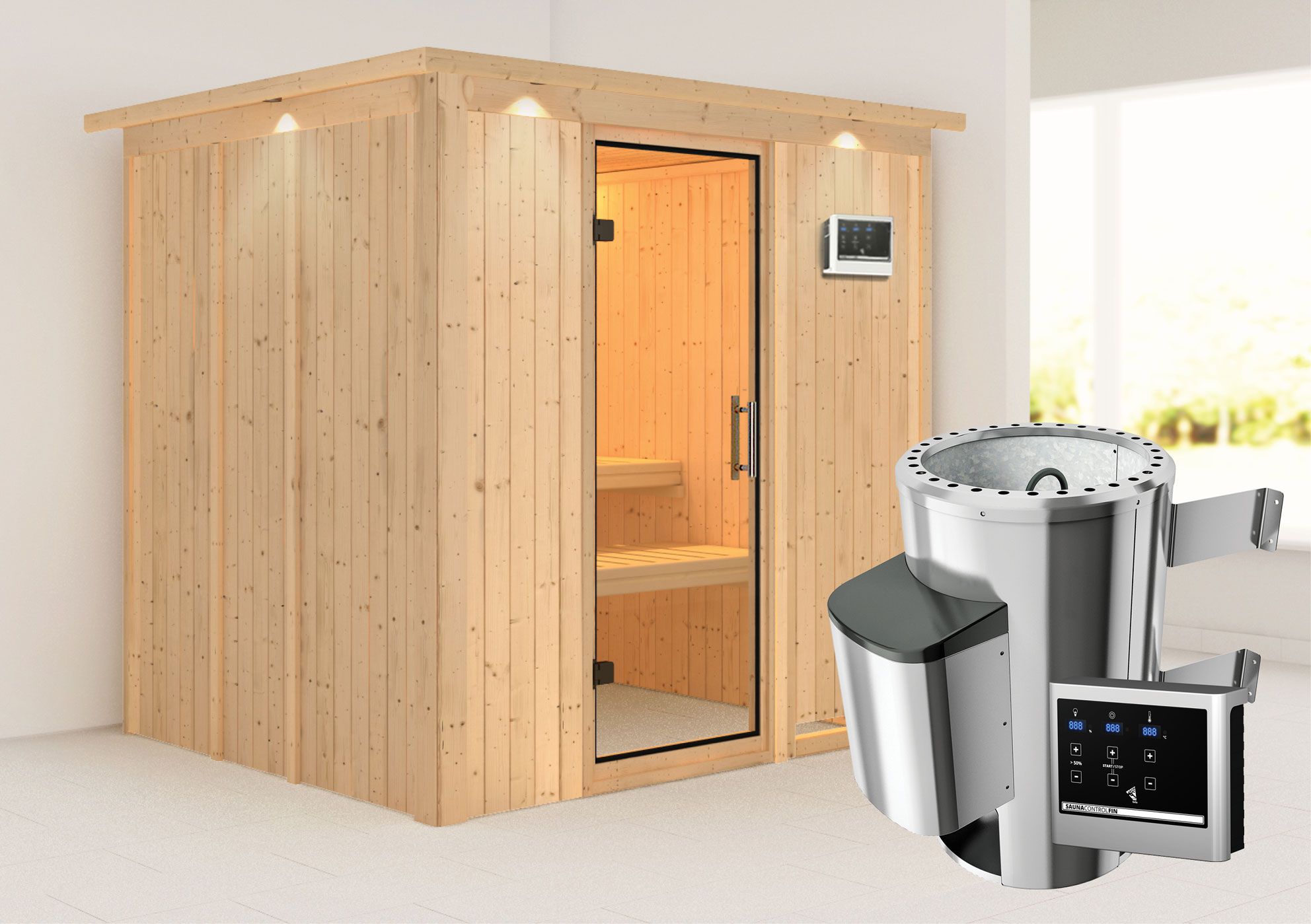 Sauna "Agnar" SET met helder glazen deur en rand - kleur: naturel, kachel externe regeling eenvoudig 3,6 kW - 210 x 184 x 202 cm (B x D x H)