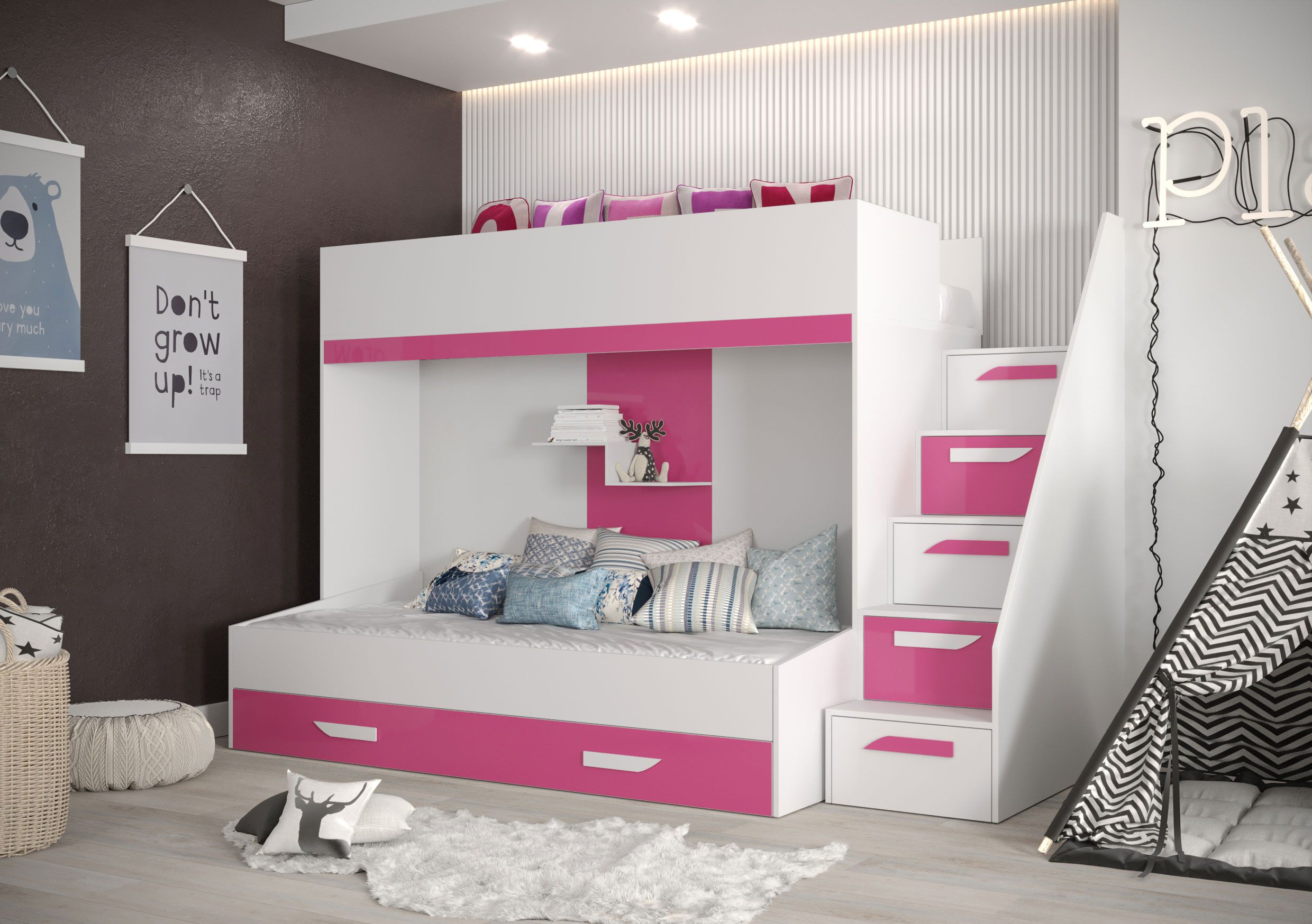 Functioneel bed / kinderbed / hoogslaper combinatie met drie matrasbodems Jura 35, kleur: wit / roze - Afmetingen: 165 x 247 x 135 cm (H x B x D)