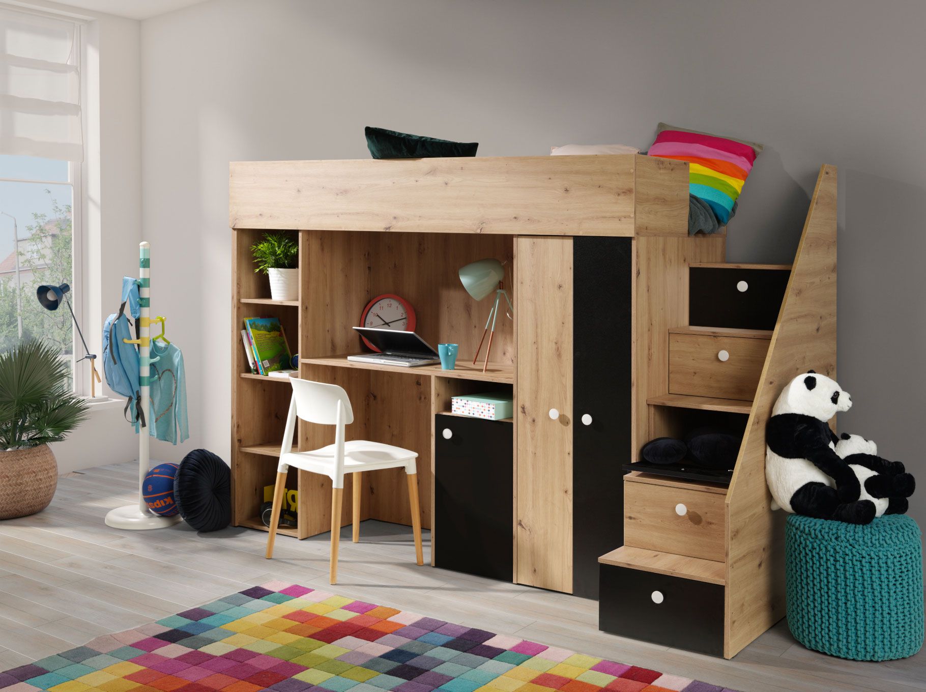 Functioneel bed / kinderbed / hoogslaper met opbergruimte en bureau Jura 15, kleur: Artisan eiken / zwart - Afmetingen: 165 x 247 x 120 cm (H x B x D)