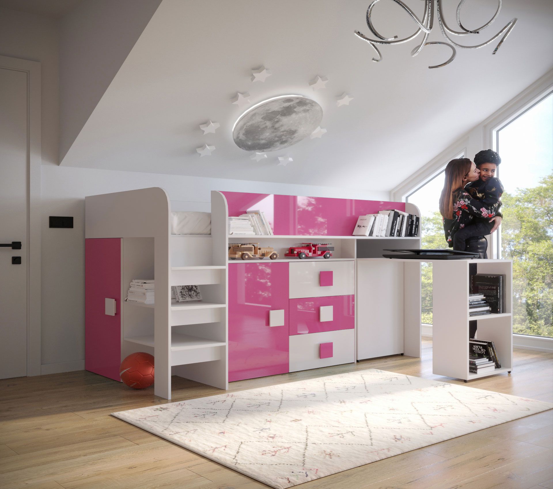Stijlvol functioneel bed / kinderbed met opbergruimte en bureau Jura 53, ABS randbescherming, kleur: wit / roze, ligoppervlak: 90 x 200 cm, veelzijdige gebruiksmogelijkheden
