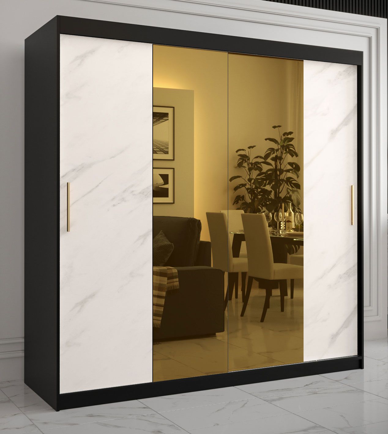 Außergewöhnlicher Kleiderschrank Hochfeiler 42, Farbe: Schwarz / Weißer Marmor - Abmessungen: 200 x 200 x 62 cm (H x B x T), mit Marmor Optik