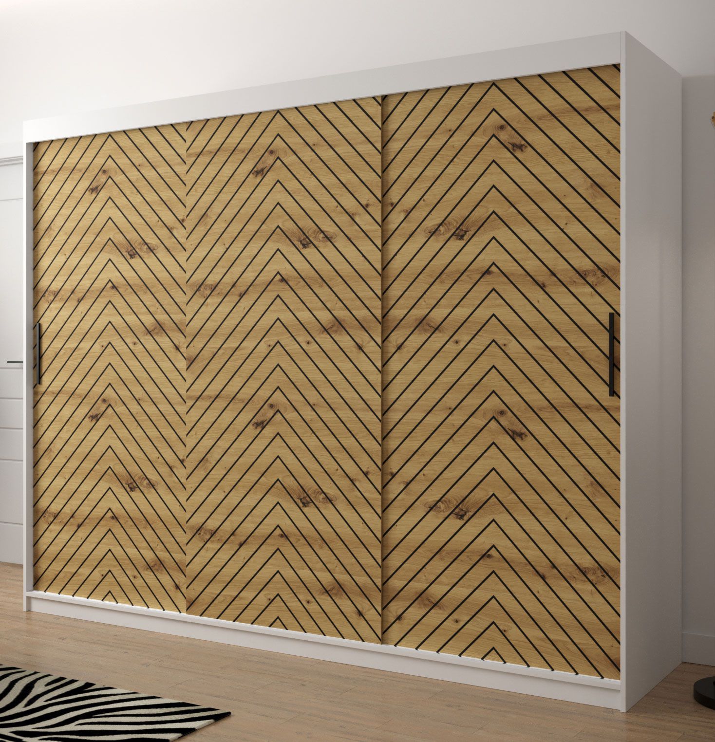 elegante kledingkast met voldoende opbergruimte Mulhacen 69, kleur: mat wit / eiken Artisan / mat zwart - afmetingen: 200 x 250 x 62 cm (H x B x D), met 10 vakken en twee kledingstangen