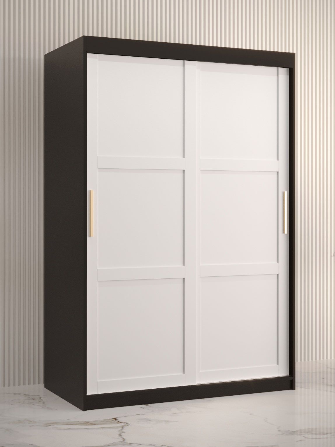 Kleiderschrank mit schlichten Design Liskamm 07, Farbe: Schwarz matt / Weiß matt - Abmessungen: 200 x 120 x 62 cm (H x B x T), mit fünf Fächern und zwei Kleiderstangen